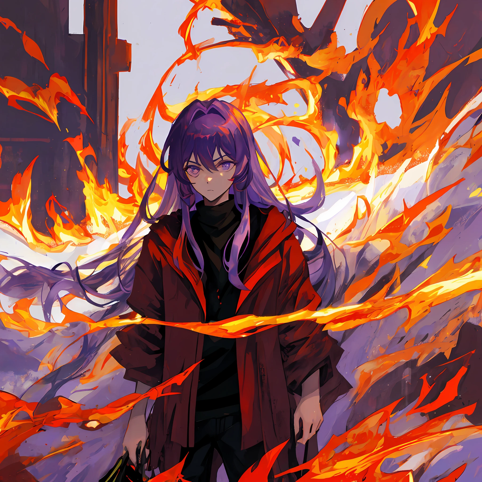 In the fiery red sea of fire stood a man with long purple hair