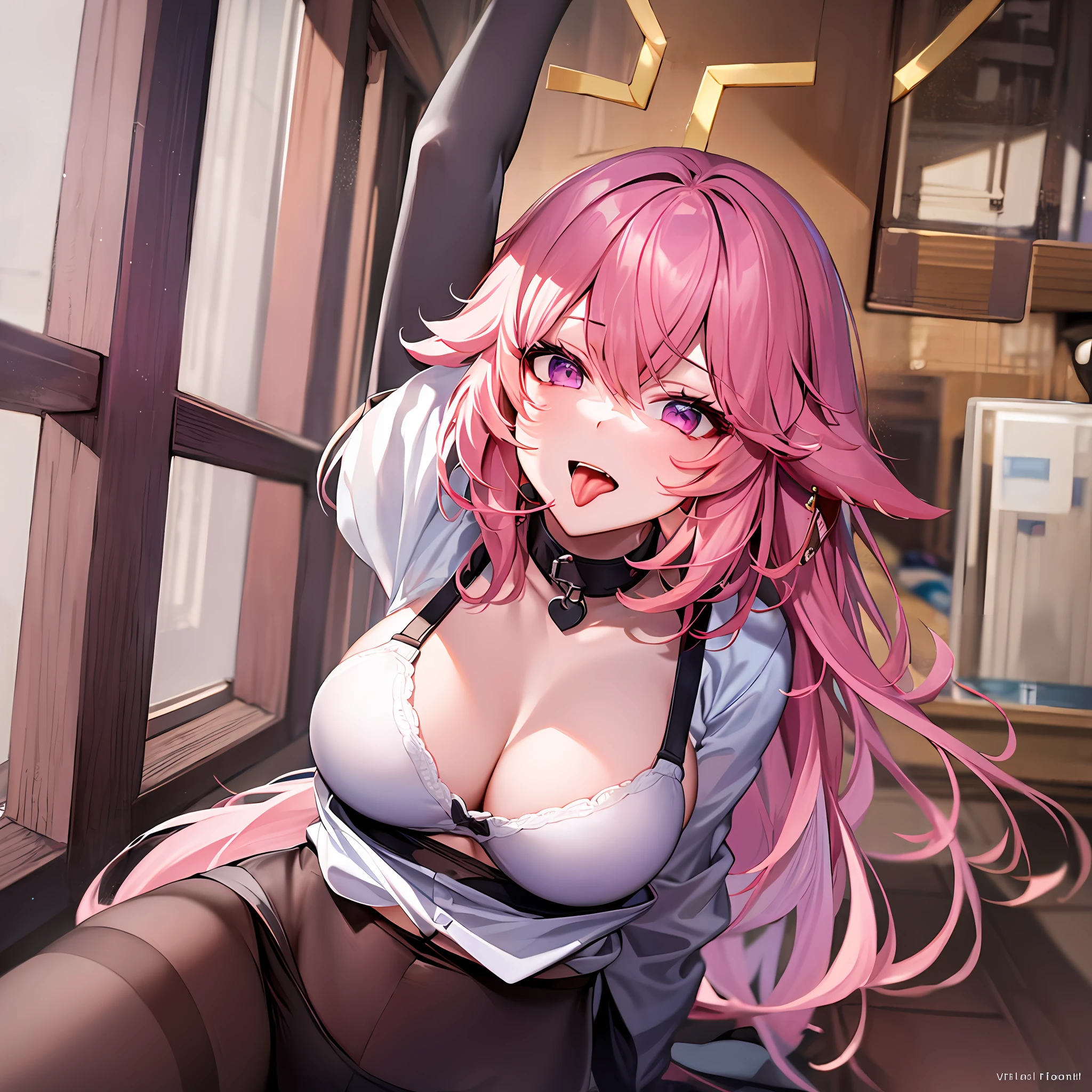 ((masterpiece, best quality)),8k,indoor ,1yae miko,mouth_hold,(white shirt:1.2) ,looking at viewer,slim waist,black bra, use pantyhose, pink hair, open mouth, stick out her tongue out at viewers