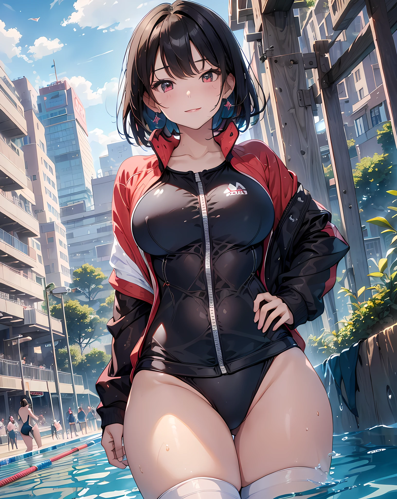 (masterpiece, best quality:1.37), highres, ultra-detailed, ultra-sharp, BREAK, Korean school idol, (((1girl:1.37, solo))), (beautiful anime face, cute face, detailed face), (black hair, thin hair, short hair, bangs, hime-cut), detailed beautiful cyan eyes, BREAK, ((red short tracksuit, Parted clothes at the top and bottom:1.5, (wear tracksuit top over school swimsuit:1.2), (tracksuit covers the bosom of the swimsuit:1.1), (blue one-piece swimsuit:0.8), (white thighhighs:1.2), loafers,)), BREAK, lovely look, water melon earing, detailed clothes), light smile, closed mouth, parted lips, pink lipstick, BREAK, ((standing, arms behind back,:1.3, cowboy shot)), detailed human hands, HDTV:1.2, ((detailed competition pool view background:1.3)), 8 life size, slender, anime style, anime style school girl, perfect anatomy, perfect proportion, inspiration from Kyoto animation and A-1 picture, late evening, excellent lighting, bright colors, clean lines, photorealistic