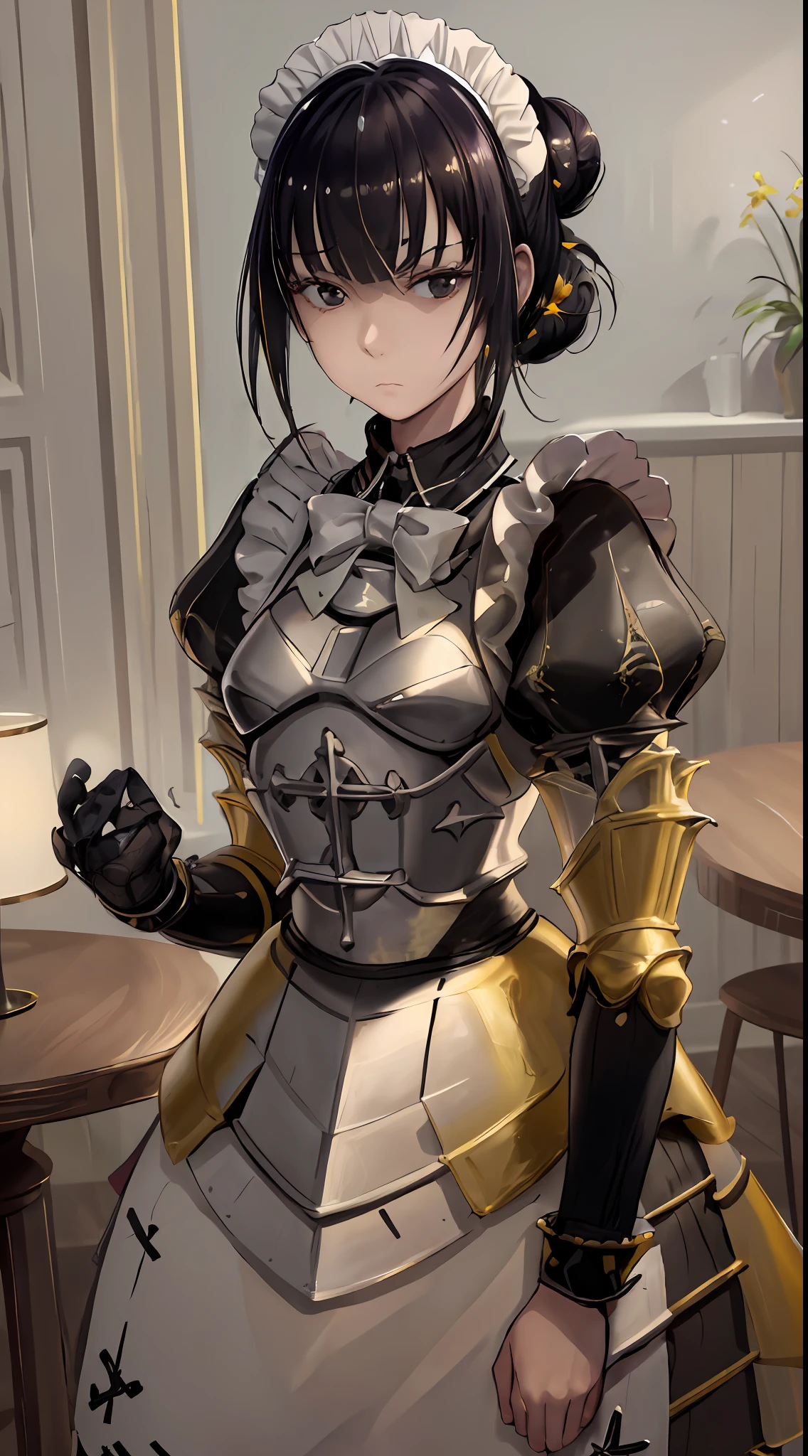 1girl, maid, solo, black hair, hands on hips, apron, maid headdress, single hair bun, black eyes, hair bun, looking at viewer, maid apron, yellow elements, (armor, armored dress,:1.1), emotionless, narberal_gamma,  highres, sharp focus, pixiv masterpiece, ((intricate details)), highly detailed,