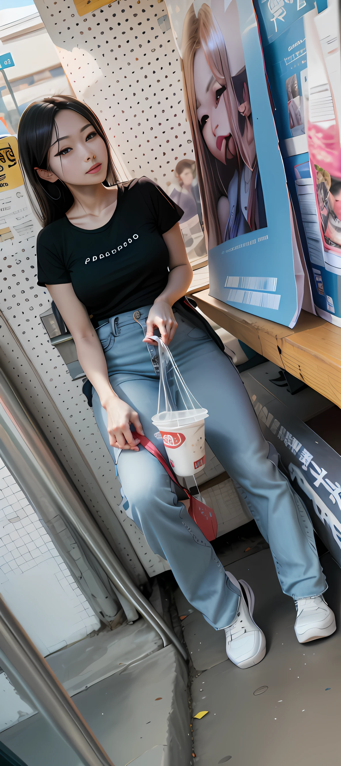 ultra - detailed, A high resolution, (Photorealsitic, photo-realistic:1.4), 8K,  RAW photo, (Masterpiece), (Best quality), Physically-based rendering, Chinese female college student，The corners of the eyes droop slightly，largeeyes，Hypertrophy of the chest，On the streets of bustling Beijing，She sat confidently，Enjoy the sweetness of street food，Smile at passers-by，Feel the vitality and vibrancy of the city。Photorealistic photography，professional colorgraded，8K，F2.4，35mm。