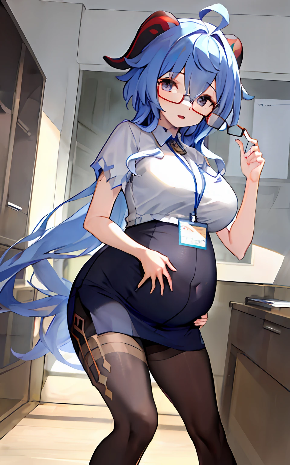 ((8K,masterpiece, best quality)), ganyu\(genshin impact\), 1girl, adjusting eyewear, ahoge, By bangs, Black dress, Blue hair, Blushlush, boobgasm, eye glass, holding, holding paper, horns, id card,inside in room,long whitr hair,looking at viewert,middlebreast,Office girl,Open-mouthed,lacepantyhose,paper,pencil skirts,Purple eye,red framed glasses,Half-rimmed glasses,The shirt,Lateral hair,a skirt,solo,white shirt,pregnant belly,Pregnant belly