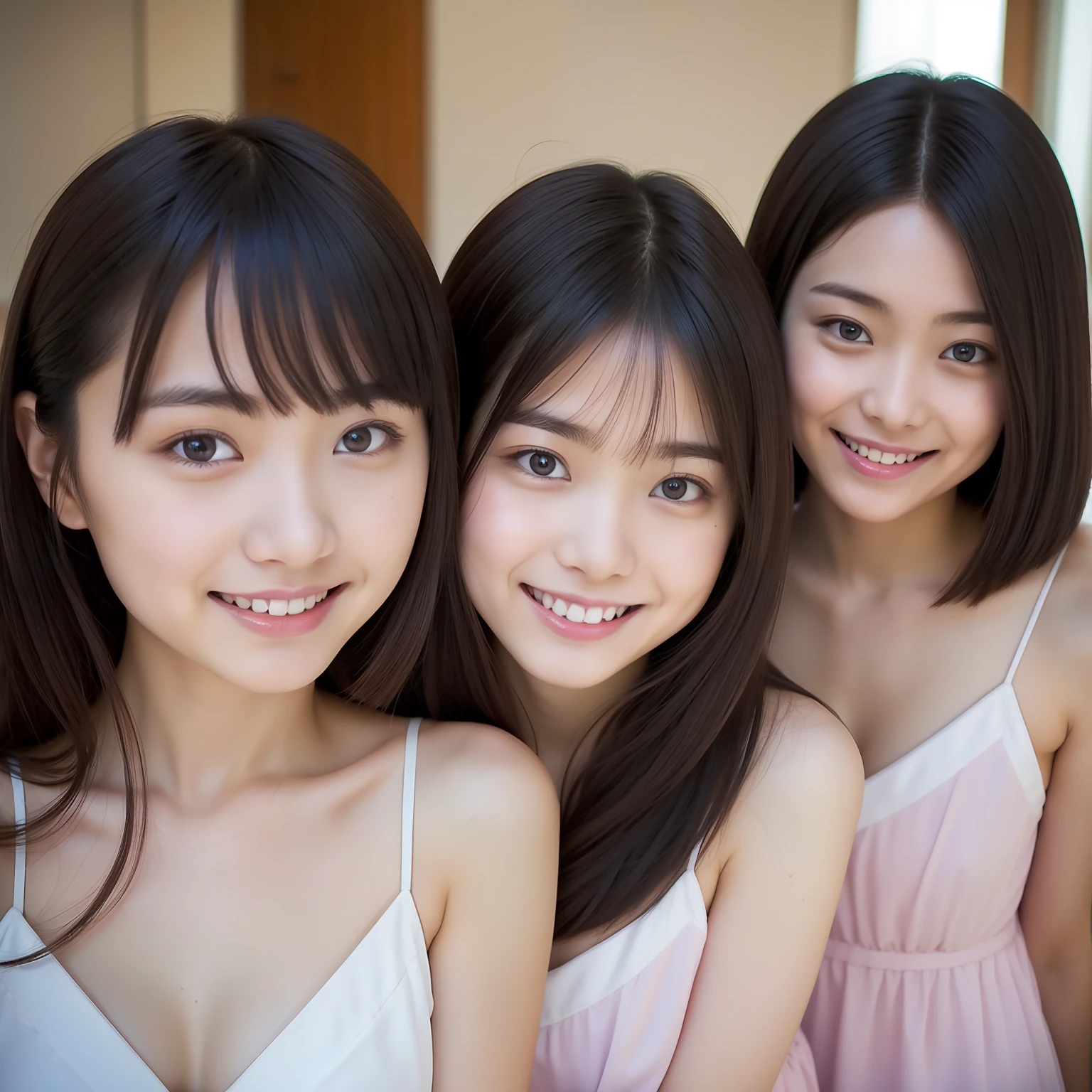 Nogizaka 46 Girls、3 beautiful girls、nudde、NSFW、17 age、head shot、Coming to the hotel、A smile、Lower body of a man