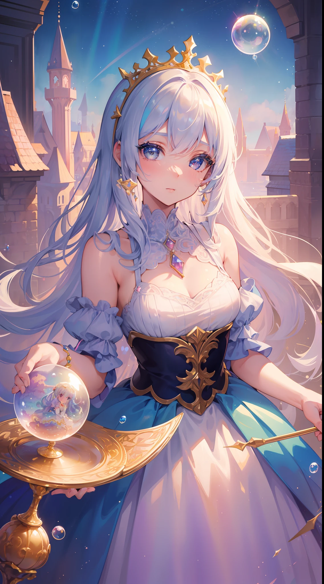 masterpiece, best quality, 8k resolution, sharp focus, intricate detail, beautiful girl, sparkling eyes, golden ratio face, otherworldly liquid, watercolor, ((pastel colors)), bright colors, whimsical, colorful, sharp focus, high resolution, fine detail, princess fantasy ballgown, ((round eyes)), iridescent bubbles, castle landscape in background
