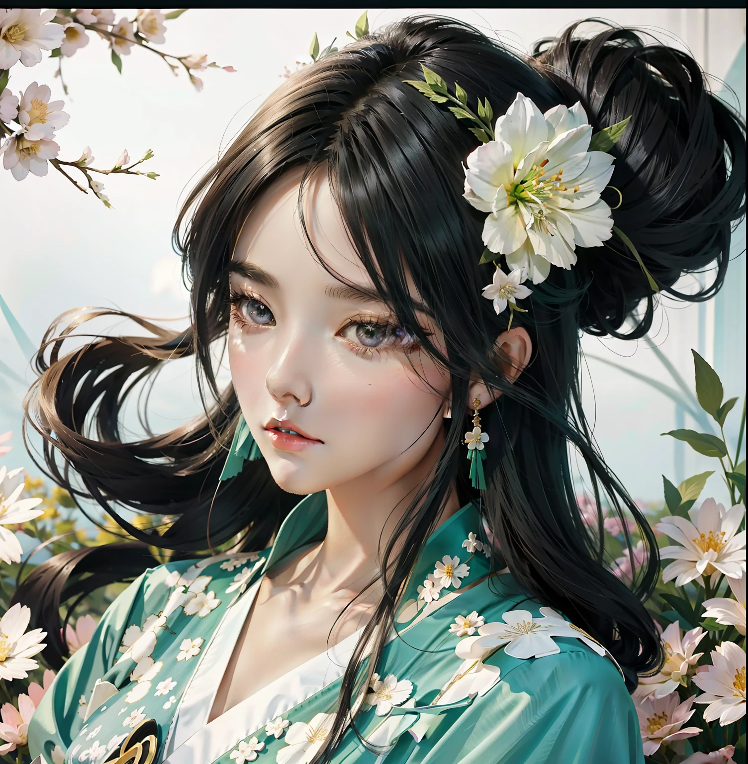 anime girl with flowers in her hair and a green dress, artwork in the style of guweiz, beautiful anime style, beautiful character painting, guweiz, beautiful anime portrait, palace ， a girl in hanfu, digital anime illustration, beautiful anime art style, high quality anime artstyle, 中 元 节, in the art style of bowater