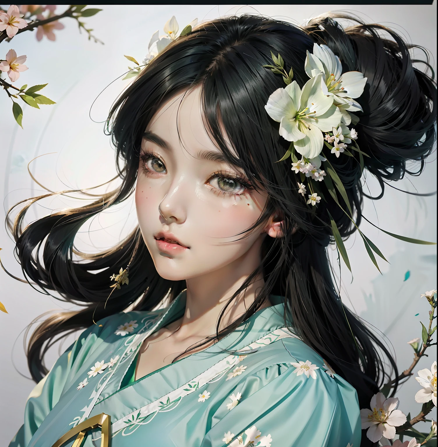 anime girl with flowers in her hair and a green dress, artwork in the style of guweiz, beautiful anime style, beautiful character painting, guweiz, beautiful anime portrait, palace , a girl in hanfu, digital anime illustration, beautiful anime art style, high quality anime artstyle, 中 元 节, in the art style of bowater