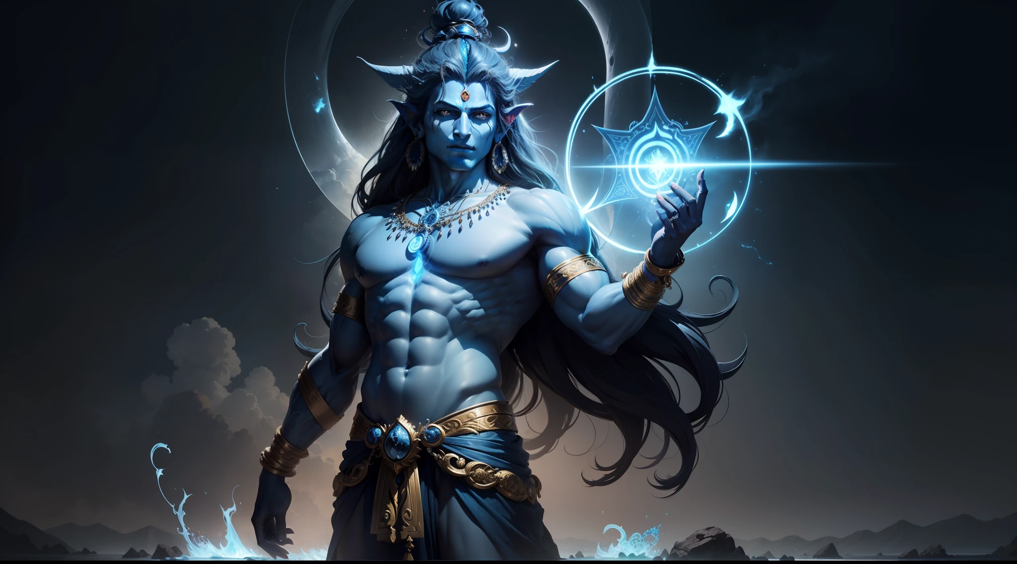 "Create an image inspired by Mahadev, depicting the divine and powerful aspects of the deity. You can explore elements such as Lord Shiva's third eye, the crescent moon on his head, the serpent around his neck, the river Ganga flowing from his hair, and his iconic trishula (trident). Feel free to add your artistic touch while capturing the essence of Mahadev's divine presence and immense energy." Blue body supreme god ultra realistic HDR --imagine --upscale --high res intricate details extremely detailed face muscular body standing position on a black cobra