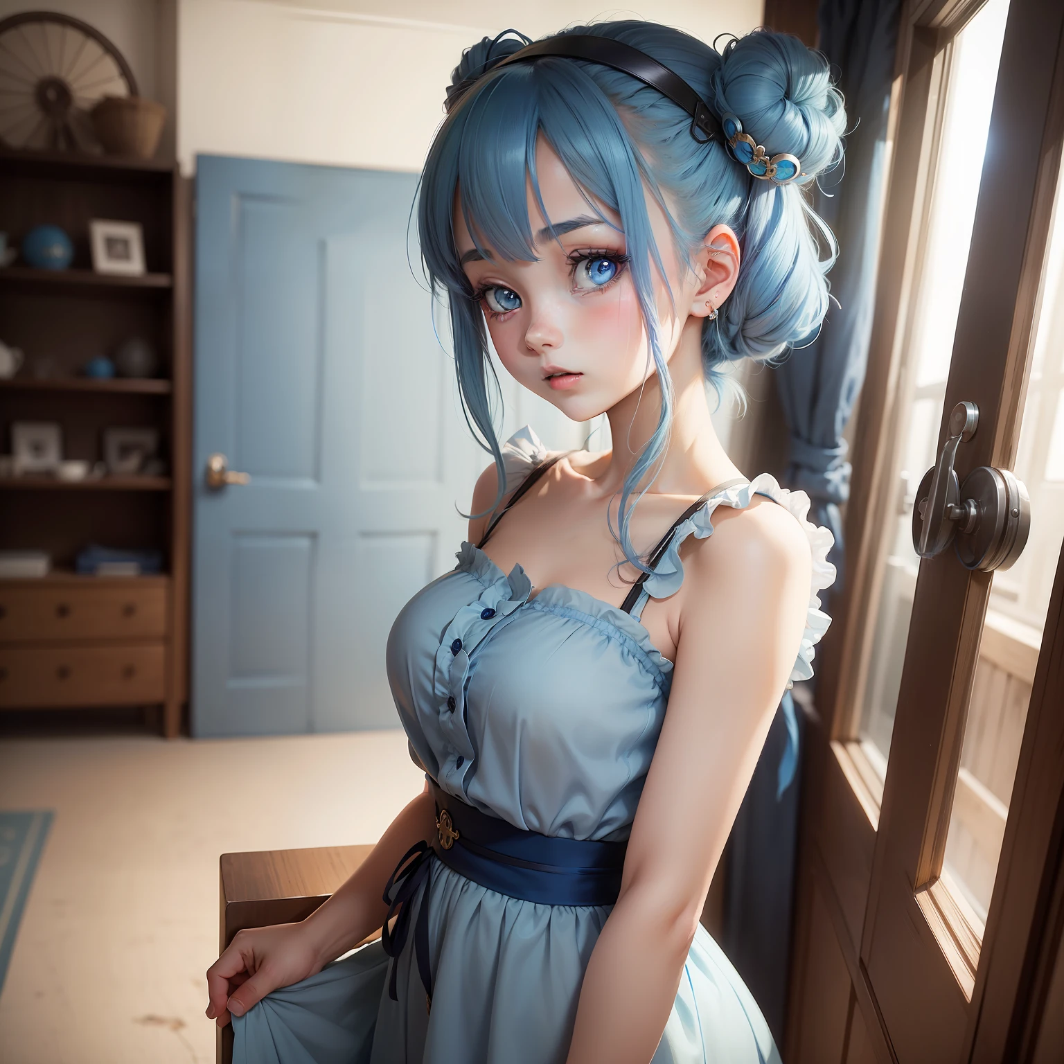 ((blue-haired)), ((anime girl)), ((adorably cute)), 17 years old, blue-eyed, with eyes looking at us, creative art piece, epitome of cuteness, vibrant and lively colors, emotional expressions, digital illustration, high resolution, popular and record-breaking on social media, a favorite among young artists, five qute fingers, Medium-length blue hair with two round-shaped hair accessories and a hair tie. blue-eyed, with elegant facial features, a cute and innocent expression, and delicate fingers. She often wears blue-colored clothes, double bun sexy