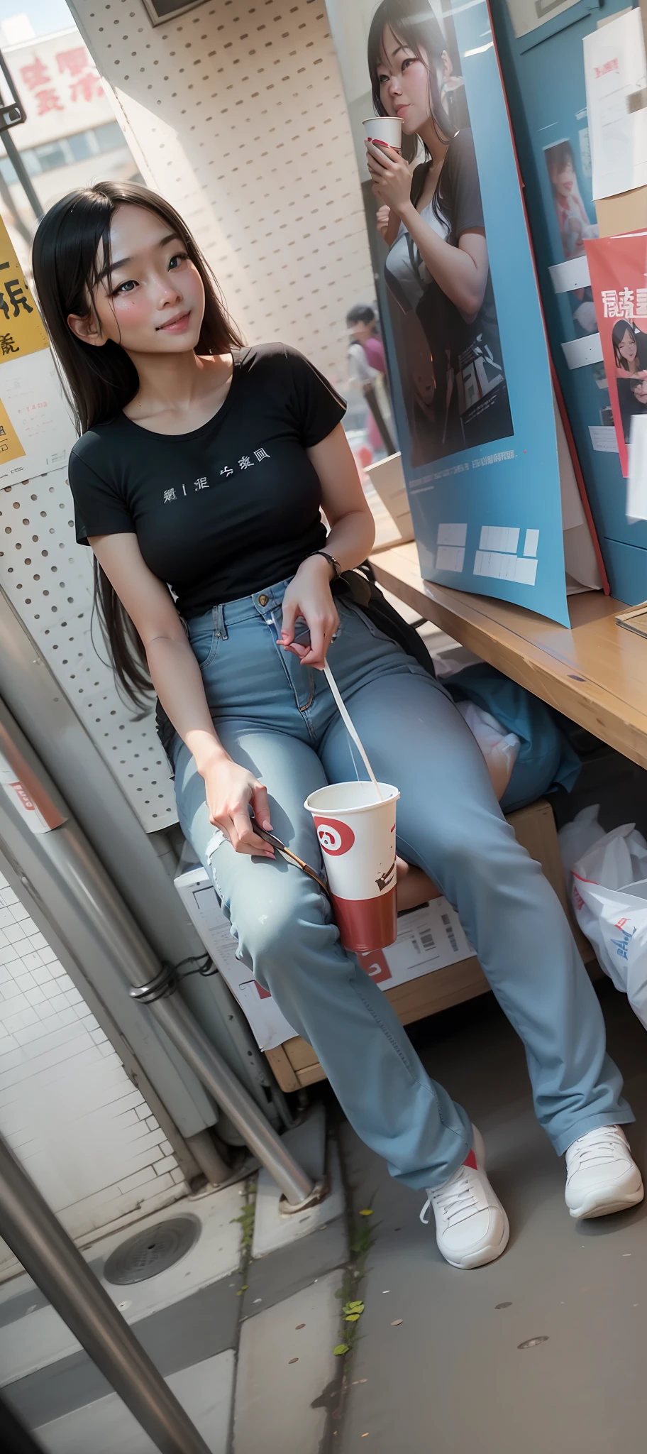 8K, Physically-based rendering, Chinese female college student，largeeyes，There is a blush on the face，Hypertrophy of the chest，On the streets of bustling Beijing，She sat confidently，Enjoy the sweetness of street food，Smile at passers-by，Feel the vitality and vibrancy of the city。Photorealistic photography，professional colorgraded。