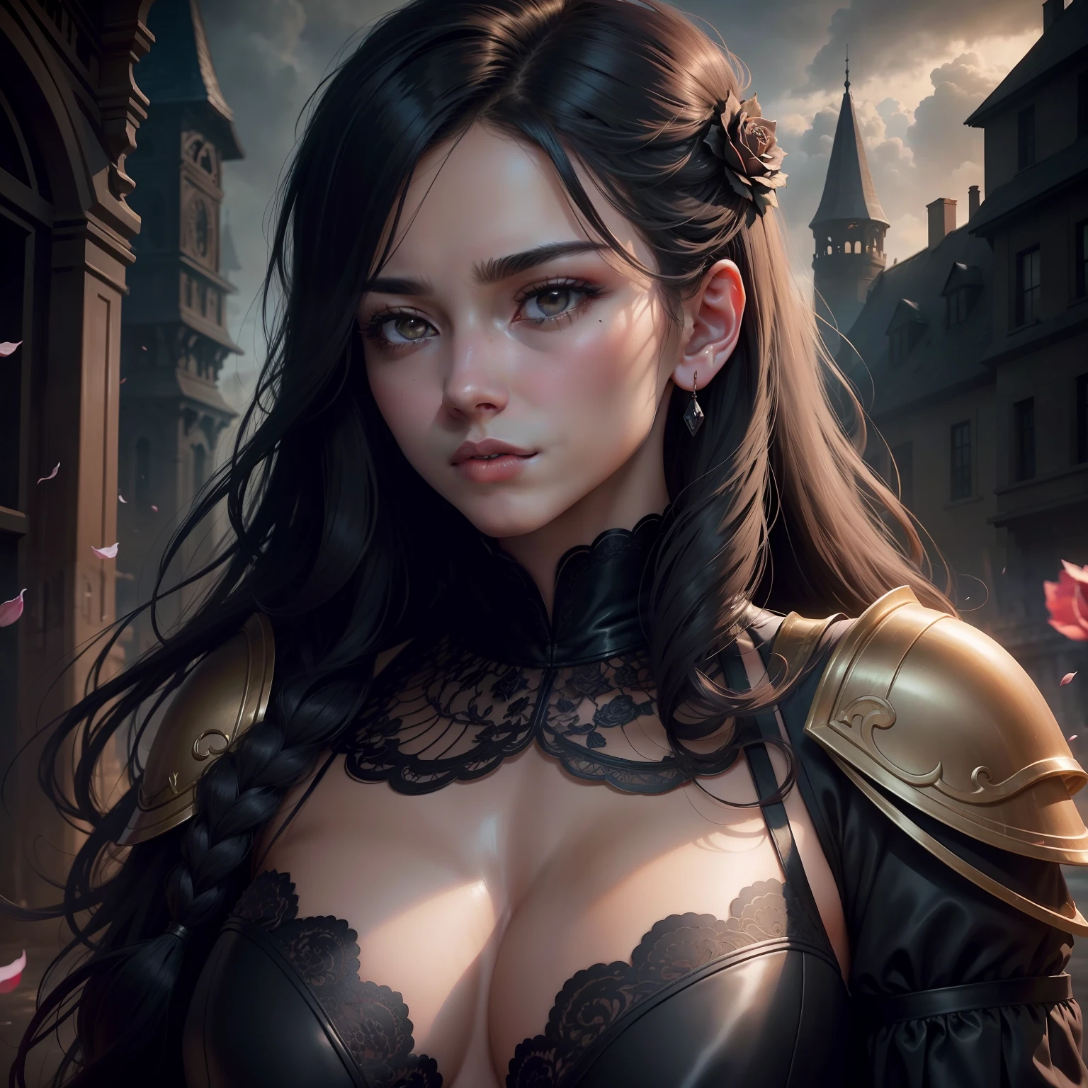 realisticlying,top-quality,tmasterpiece,slow motion,(melancholy face,sbeard,curlies:1.2),(Realistic and detailed|Complex armor:1.1),(Visible face:1.3),(Realistic physiognomy|The eye|irises|The skin|Muscle tissue,Detailed skins,skin textures,Natural skin),(Holding a black rose in his hand:1. 2), Frontal perspective,Lazy posture,Look forward in confusion,The skin is soft and delicate,Natural skin texture,Natural skin,Highly detailed clothes,rich details,intricately details,Clothes leather tights,Medieval battlefield landscape,mostly cloudy sky,Castle in the background in the distance,Radiant illumination,dramatic scene,Dark and cool tones,Gold and gray tones, There are no other characters in the scene,detail-rich|复杂,Detailed landscapes,Volumetriclighting,(Detailed lighting),(Detailed light reflection of the face:1.1),8k,highly details,UHD,HDR,Realistic Facial Expression|Hairstyles,Countless roses and peony petals have a handsome man's face in the middle,Eyebrows are clear,There was a longing for love in his melancholy eyes,There are teardrops in the corners of the eyes,Delicate skin,With a beard,The ears are big,hair messy,The face has a faint blush,The lips were slightly open with blood,Holding a black rose in his hand,Expose the chest,Blood stains on fingernails,The atmosphere is mysterious,The face is clear,Full of detail,localized light,Aperture dispersion,真实感,Advertising hard photo style,High contrast between light and dark,Magazine cover design。