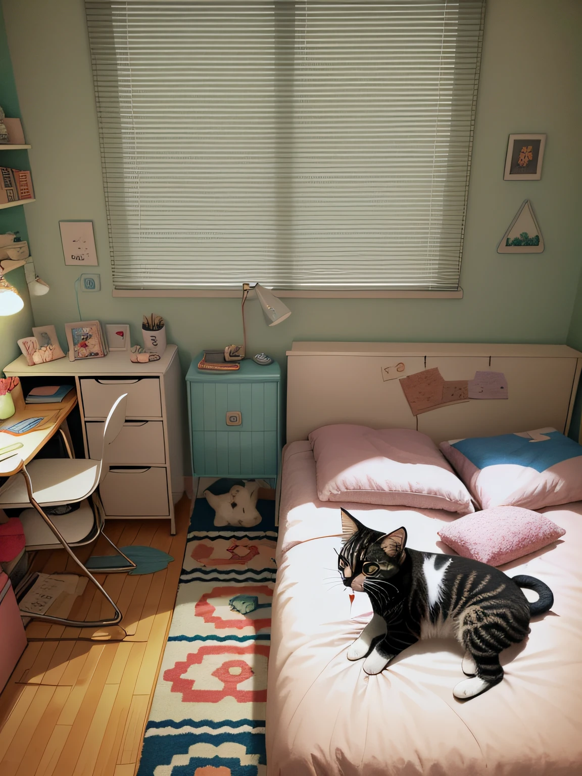 There is a bed in the bedroom,There is a kitten on it,The kitten stood up to run, Small room, cute room, cozy room, apartment of an art student, small room in tokyo, small bedroom, clean room, in small room, small and cosy student bedroom, studyng in bedroom, designed for cozy aesthetics!, a room, cozy environment, A bright room, 9 0 s bedroom