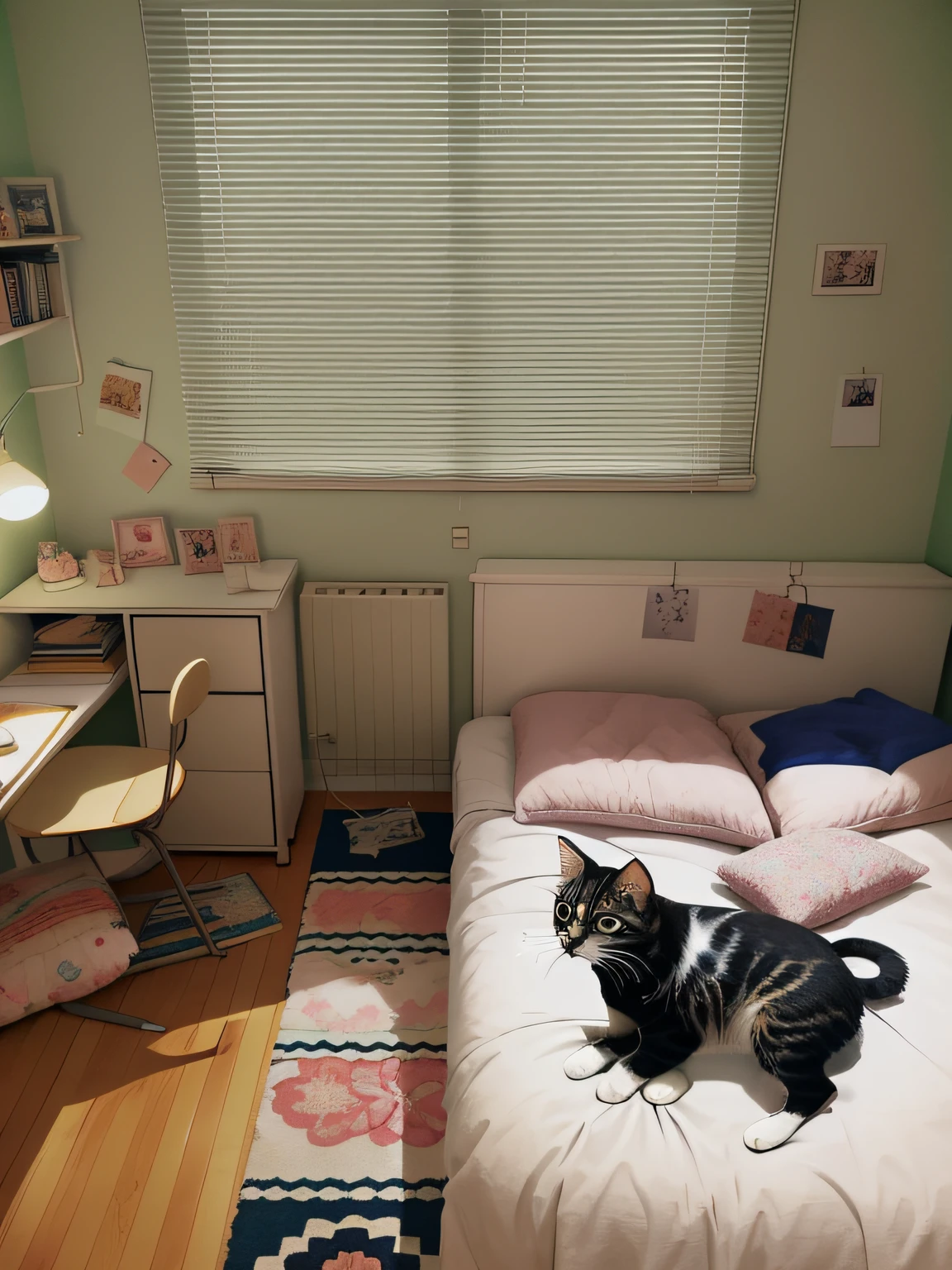 There is a bed in the bedroom,There is a kitten on it, Small room, cute room, cozy room, apartment of an art student, small room in tokyo, small bedroom, clean room, in small room, small and cosy student bedroom, studyng in bedroom, designed for cozy aesthetics!, a room, cozy environment, A bright room, 9 0 s bedroom