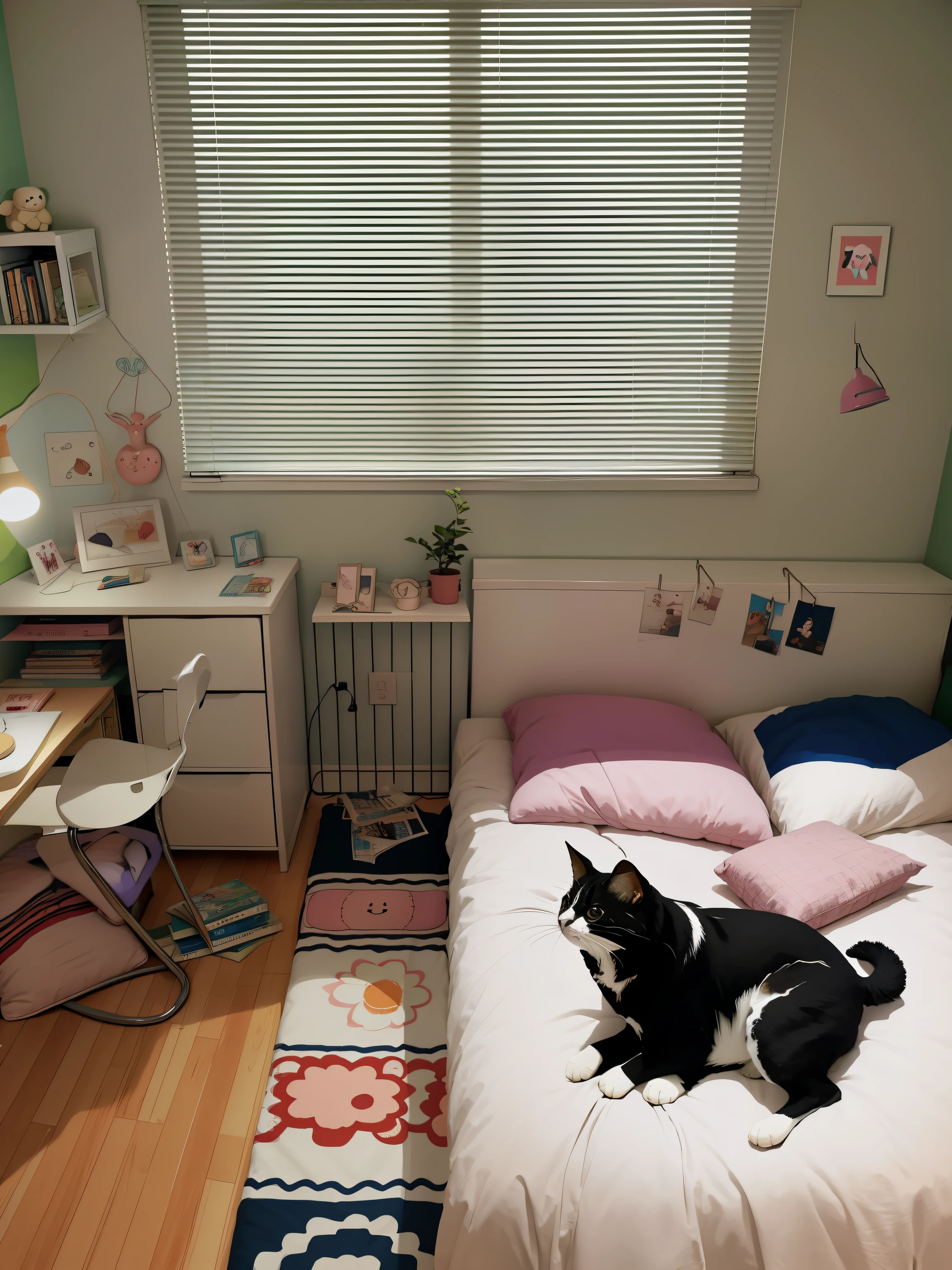 There is a bed in the bedroom,There is a stuffed toy on it, Small room, cute room, cozy room, apartment of an art student, small room in tokyo, small bedroom, clean room, in small room, small and cosy student bedroom, studyng in bedroom, designed for cozy aesthetics!, a room, cozy environment, A bright room, 9 0 s bedroom