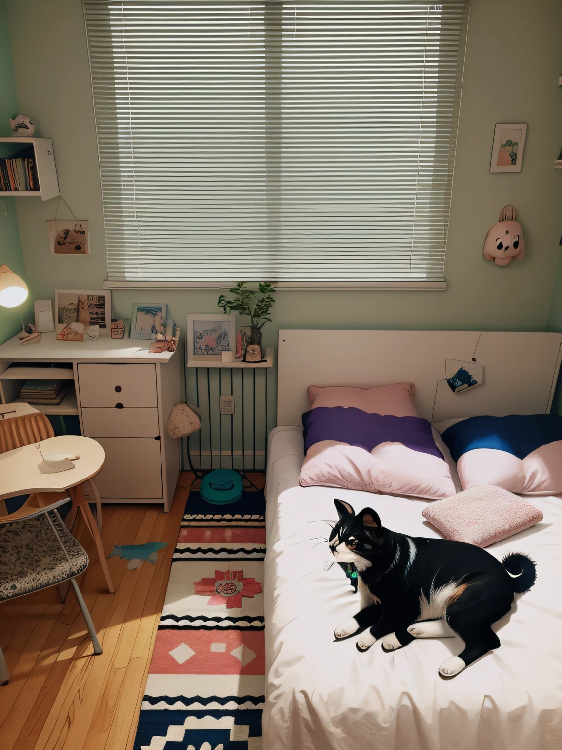 There is a bed in the bedroom,There is a stuffed toy on it, Small room, cute room, cozy room, apartment of an art student, small room in tokyo, small bedroom, clean room, in small room, small and cosy student bedroom, studyng in bedroom, designed for cozy aesthetics!, a room, cozy environment, A bright room, 9 0 s bedroom