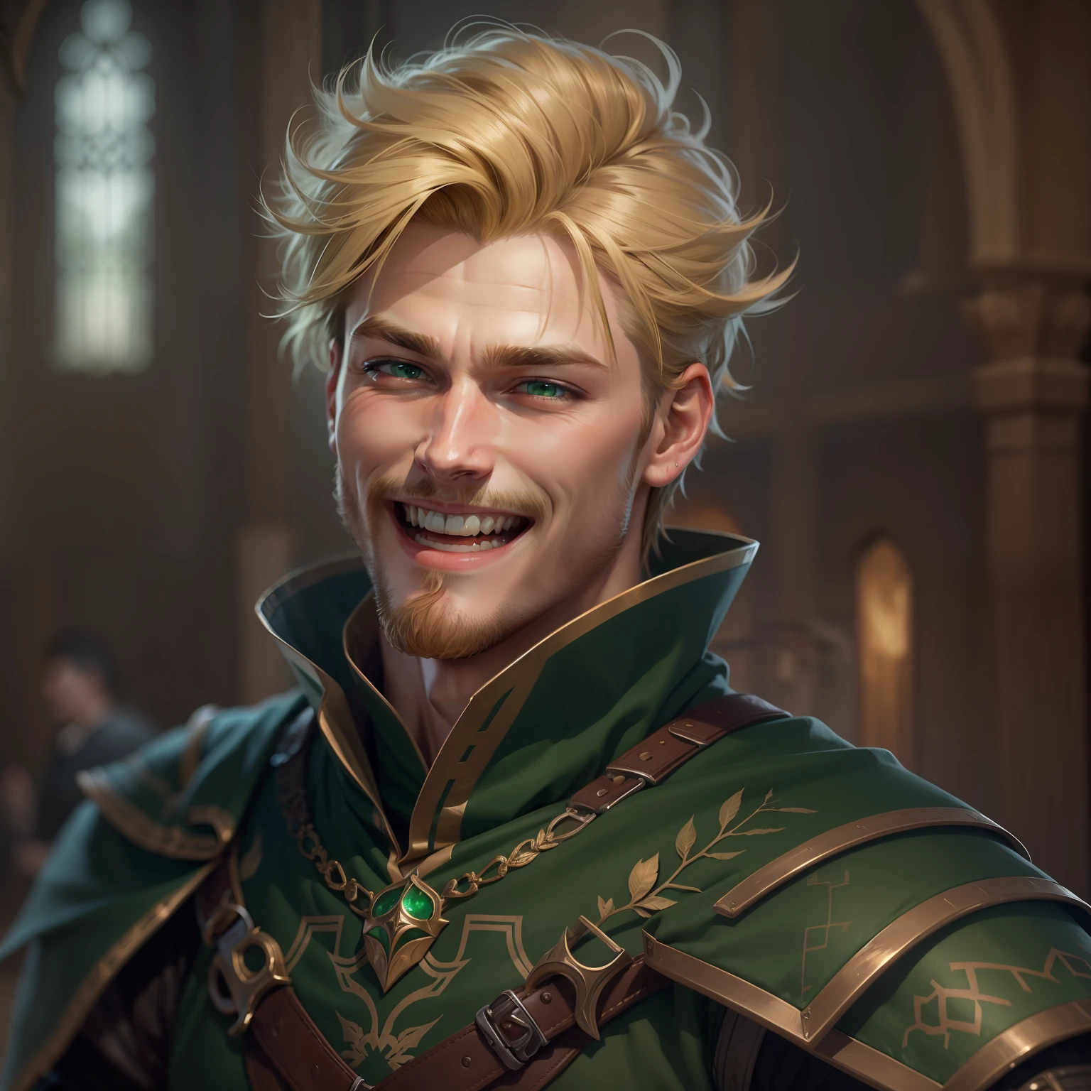 realistic image of a blond man, short hair, handsome, 32 years old, green eyes, dressed in dark garb with green shoulder pads RPG warrior style, laughing in a large royal hall