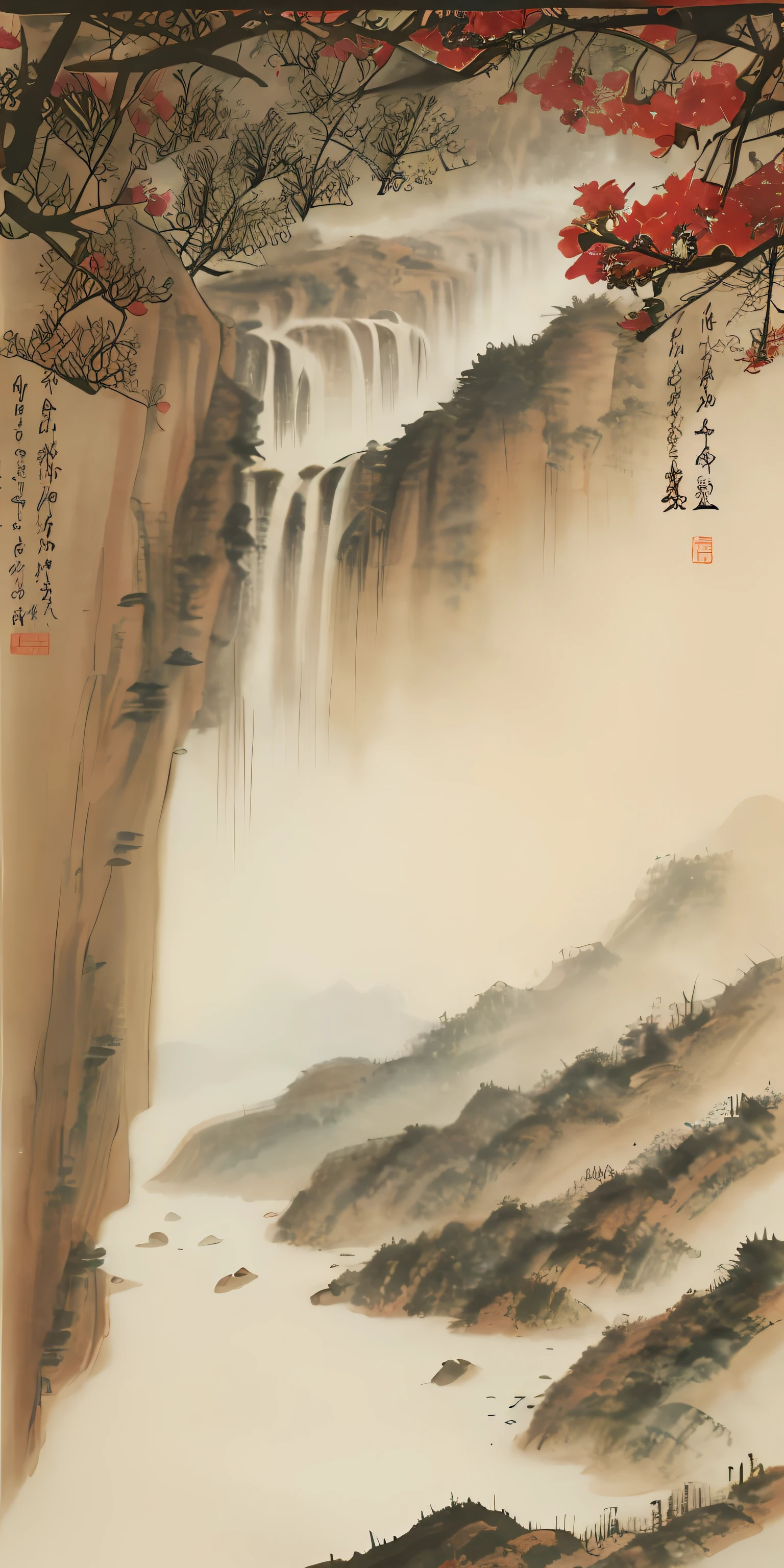 Best quality, masterpiece, ink, ink bissim, Wu Changshuo, Ren Bonian, Zheng Banqiao, Ba Da Shanren, mountain, waterfall, forest, village, sunset, picture frame