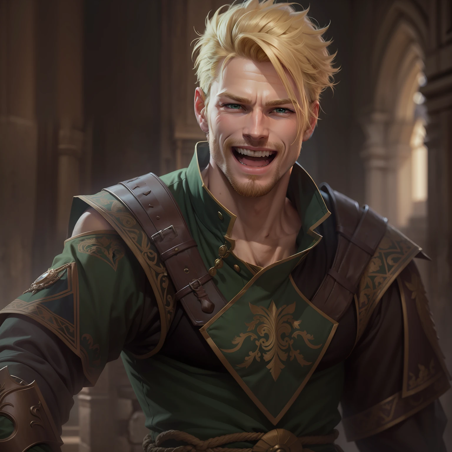 realistic image of a blond man, short hair, handsome, 32 years old, green eyes, dressed in dark garb with green shoulder pads RPG warrior style, laughing in a large royal hall