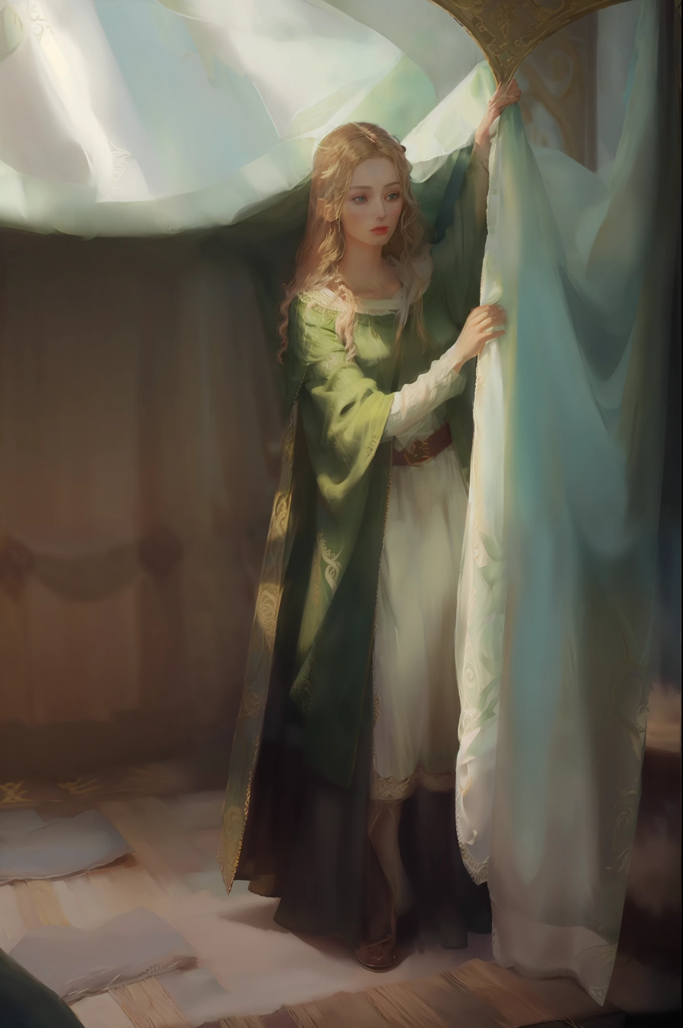 there is a woman that is standing under a curtain, with a green cloak, wearing green cloak, wearing a green cloak, galadriel from lord of the rings, wearing a flowing cloak, of elven queen galadriel, green cloak, wearing a crown and green cape, beautiful elf with ornate robes, Galadriel in Lothlórien