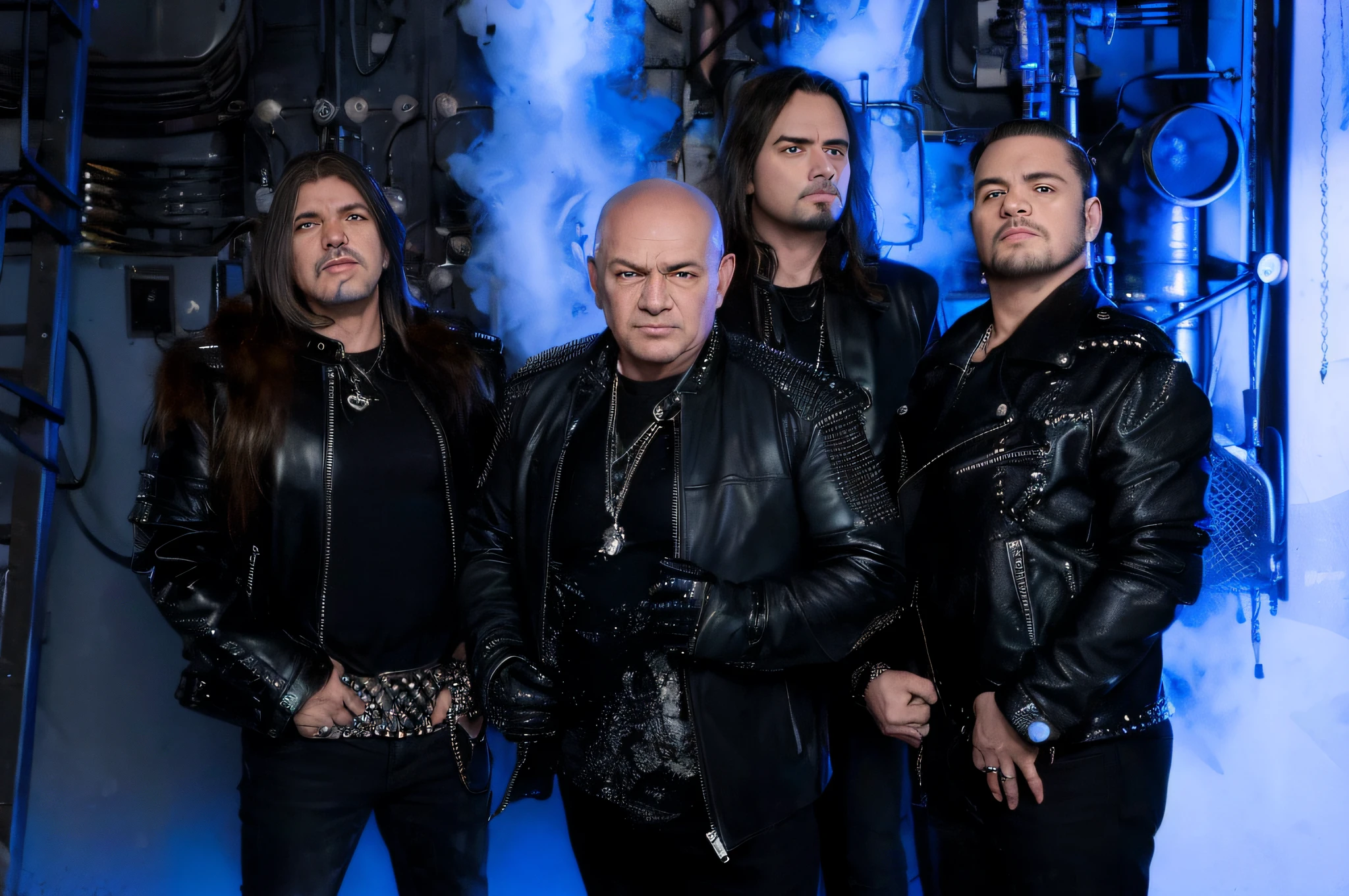 group of men in leather jackets standing in front of a blue background, Foto promocional da banda de rock pesado, new wave of british heavy metal, Promo da banda de heavy metal, Proto - Banda de Metal Promo, perturbado, menacing stare, metal escuro, apocalytic, olhar intenso, dramatic artwork, looking threatening, Foto de um ensaio promocional, looking menacing, fantasia moderna