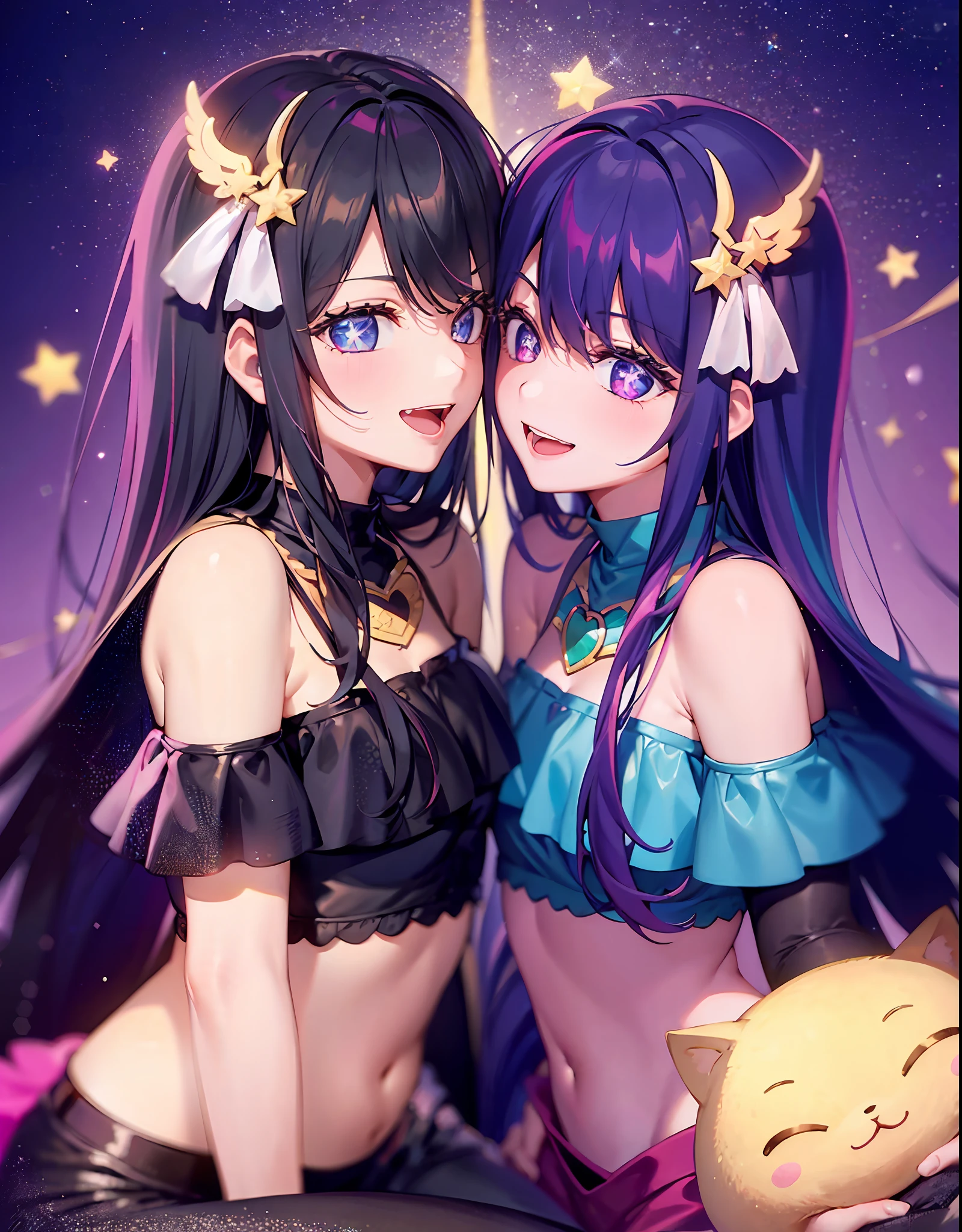 ((2 girls))((There is a five-pointed star in the eye))Gorgeous Hair in Long Purple,Smile,Open mouth,puss,Kiss