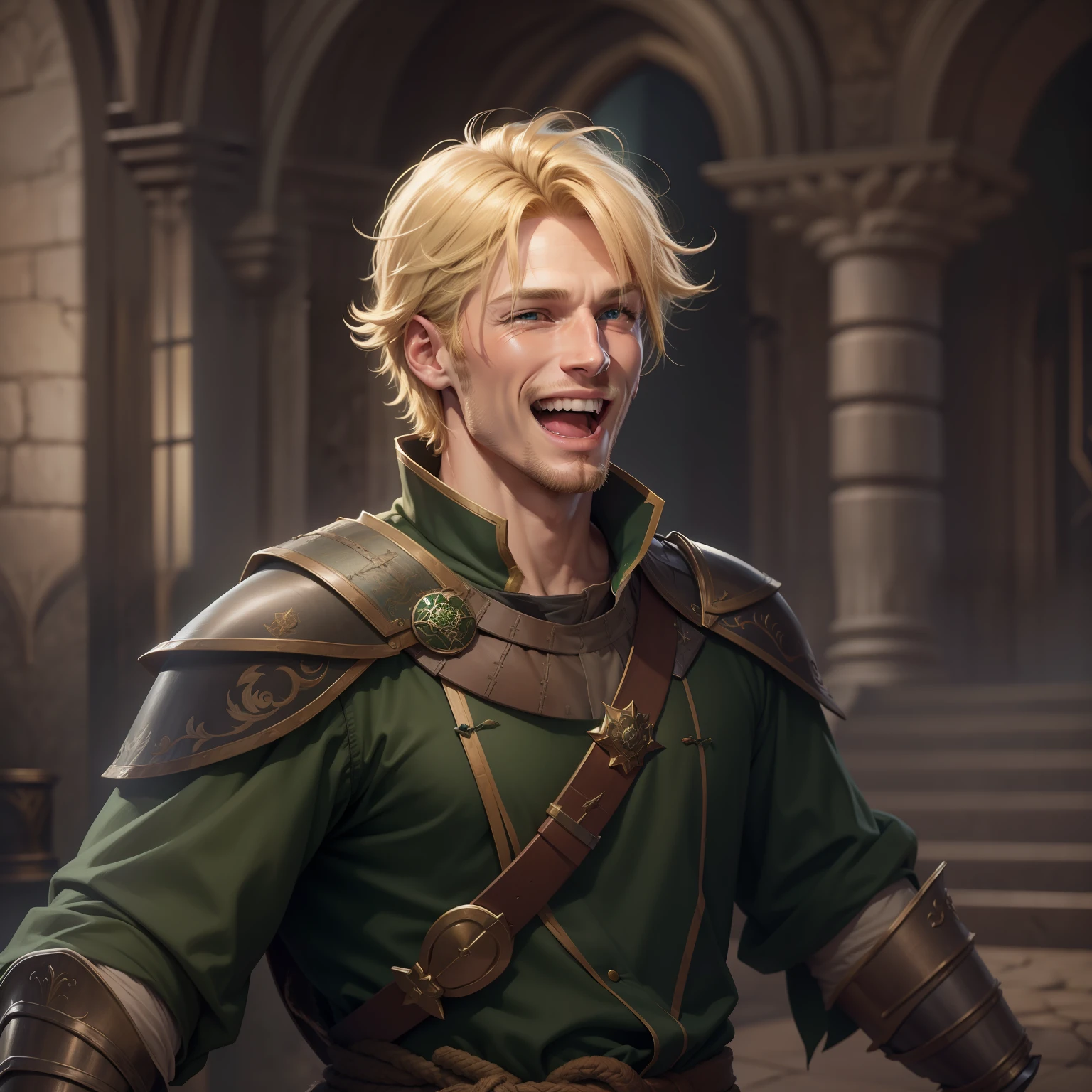realistic image of a blond man, short hair, handsome, 32 years old, green eyes, dressed in dark garb with green shoulder pads RPG warrior style, laughing in a large royal hall