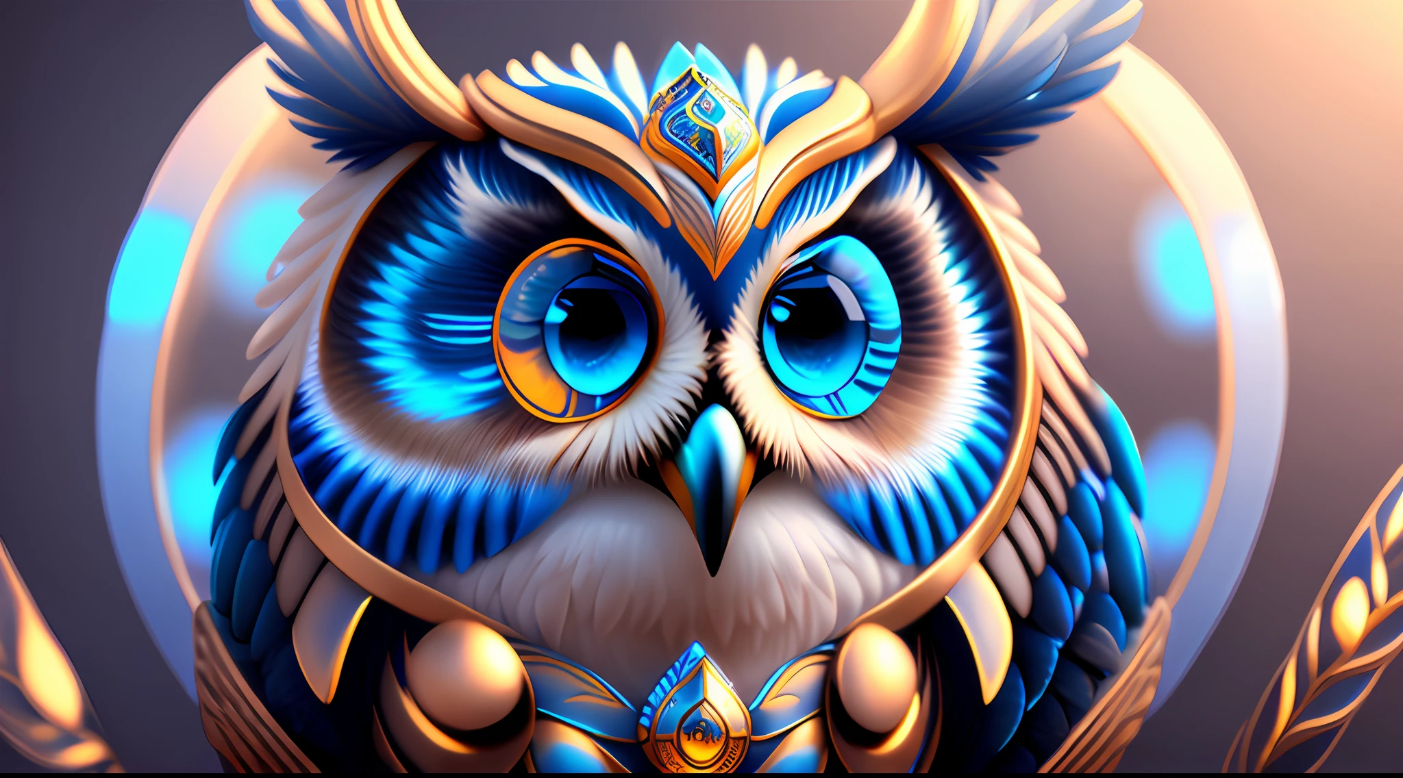 a digital painting of an owl with blue eyes, unreal engine render + a goddess, very detailed , beeple global illumination, elaborate ornate jewellery, trending on cgisociety, motion graphics, rossdraws global illumination, cgsociety
