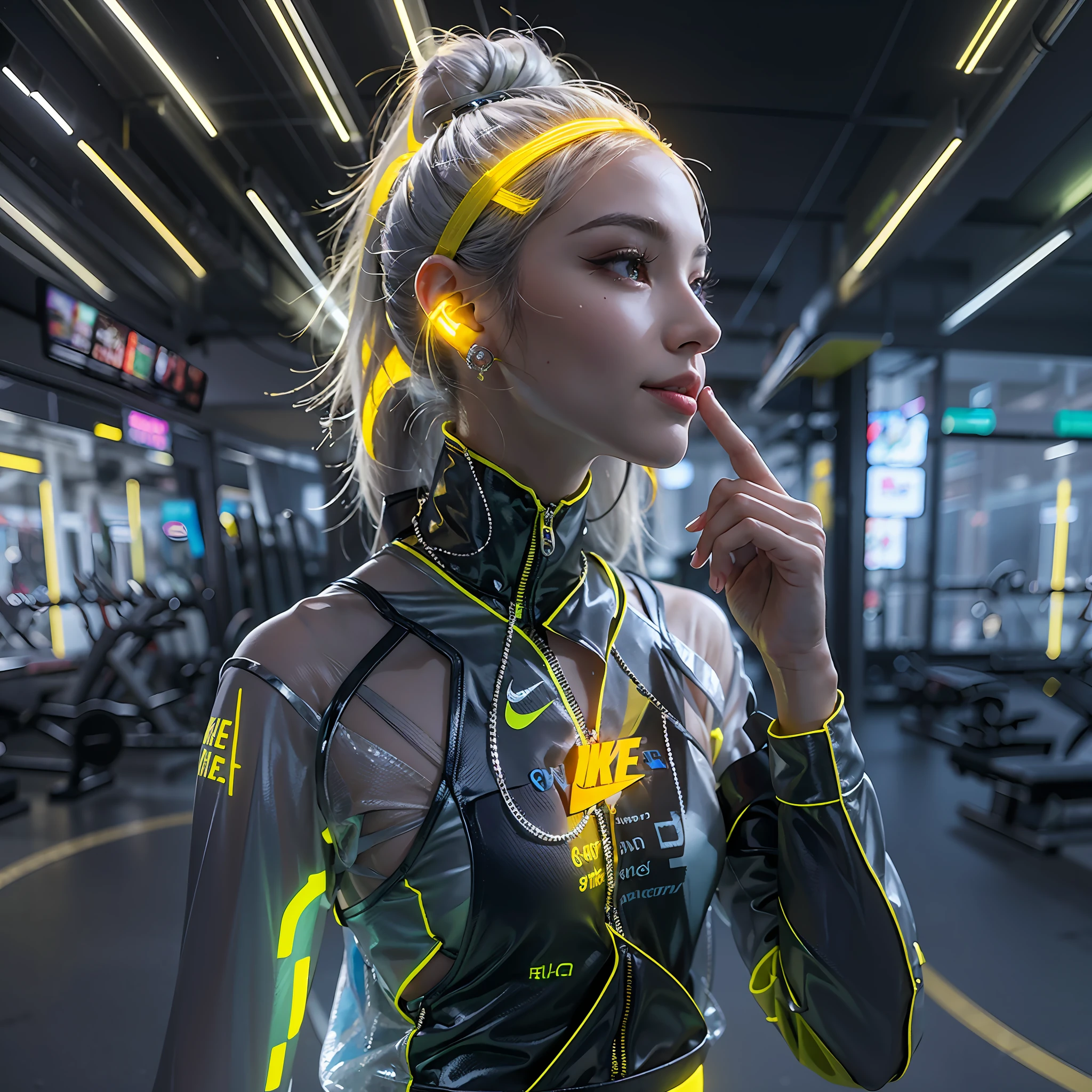 Best quality，tmasterpiece，Ultra-high resolution fills the picture，Indoor at night，Neon lights，Yellow color scheme，Rich yellow,Silver-gray hair，Yellow and white tights，Yellow and white color scheme clothing,the complex background，Weight instruments in the background，High-tech screen in the background，Lateral face，Smiling，Dress less，There are fitness elements in the rear，nike，nike,nike,Tech gym，Perfect makeup，Love eyes，8K quality，Cyberpunk，sense of science and technology，Character backlighting，rim-light，Movement changes，Flowing hairstyle，Loose hairstyle,The number of fingers is refined，6 avatar diagrams，Luminous stud earrings，Luminous digital necklace，Electronic digital watches，The most beautiful girl in mankind，Delicate close-up of the face，Realistic image quality，Super light and shadow，Very good figure，Meticulous，Arrow symbol，Brand sense，English slogan neon，Runway lights，Fitness gym at night