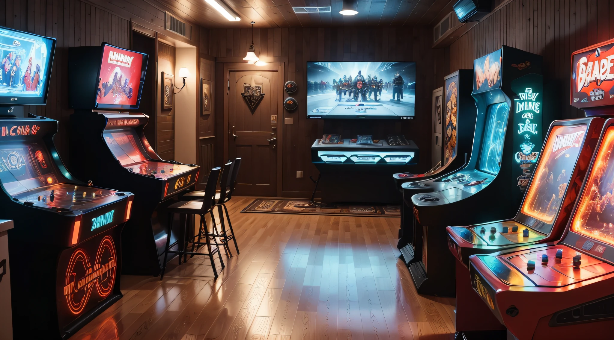 a decorated gaming room with bar, frigobar, playing machines, and some cool gadgets,  mancave style, with pinball and arcade. 4k