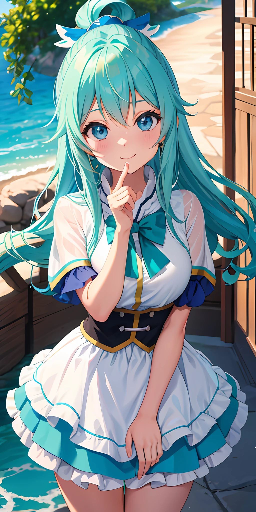 konosuba, captura de tela do anime, anime coloring, 1menina (aqua), cabelo comprido, solo, boca aberta, sorriso, corpo inteiro, head tilt, cabelo azul, olhos azuis, mangas separadas, botas altas, ao ar livre, sol, brazi, rio, ornamento de cabelo, fundo simples, ombros nus, single hair ring, green bow, de frente para o espectador, camisa azul, feliz, hands crossed, na floresta, blue bird