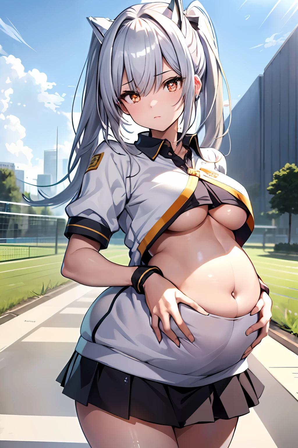 (best qualtiy,A high resolution,tmasterpiece:1.3),1girl, solo, tennis wear, White polo shirt, White sneakers, white mini-skirt, tmasterpiece, Best quality at best, Photorealsitic, ultra - detailed, slim, (shiny skins, perspired:1.4), absurd res, looking at viewert, Long double ponytail, brunette color hair, with brown eye, Dynamic light and shadow, A high resolution, Sharp focus, depth of fields, detailedeyes, Sharp pupils, Realistic pupils, (smallunderboob:1.3), (thick thight:1.1), exteriors, Skysky,White knee-length socks,White ribbon hair ornament,pregnant belly,Pregnant belly