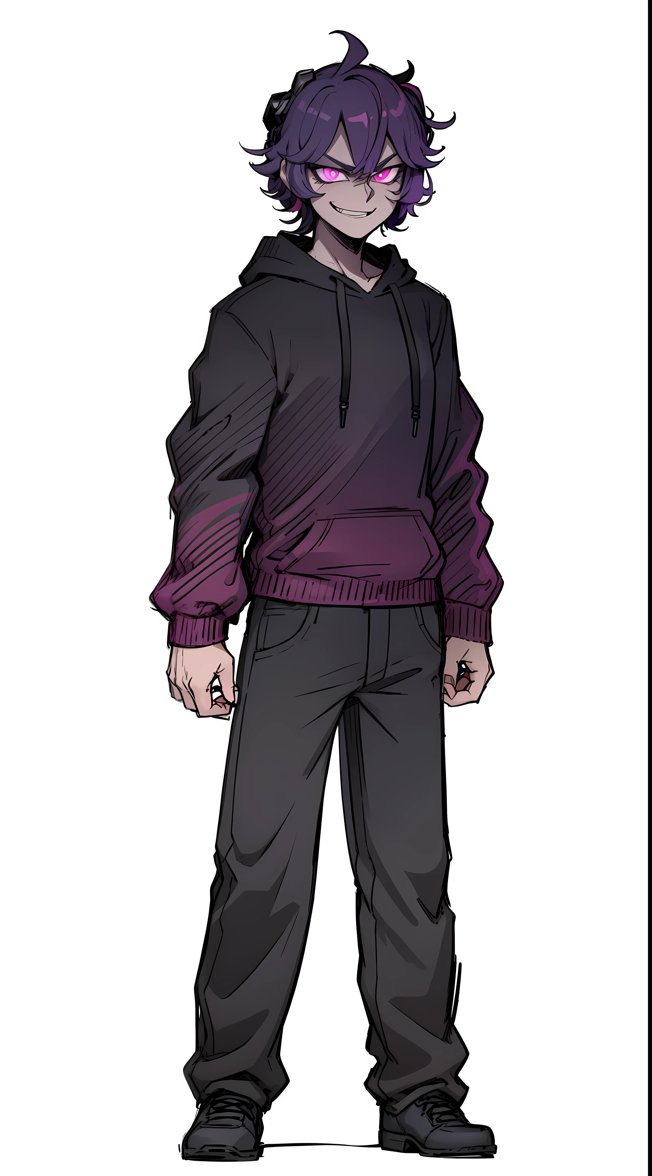 badass, antagonist, multicolored, dark hair, purple hair, pink pupil, 1boy, smug, smile, black purple hoodie, black jean, black shoe