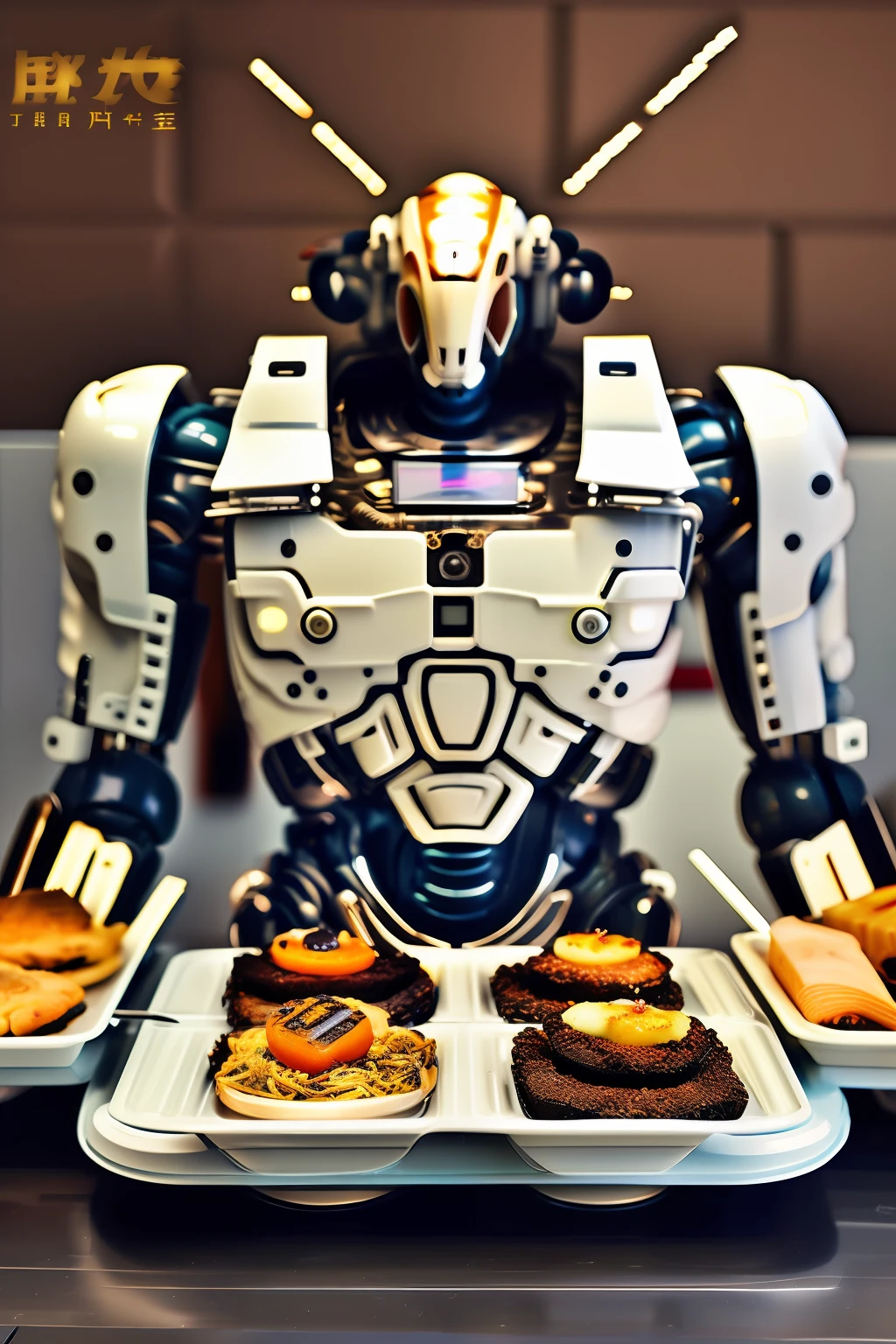 +DV Mech，robot，droid, Comfortable bedroom background，full bodyesbian，85mm，F1.8、Tray in hand，There are plates on it，Delicious food on the plate，tmasterpiece，Realistic light and shadow