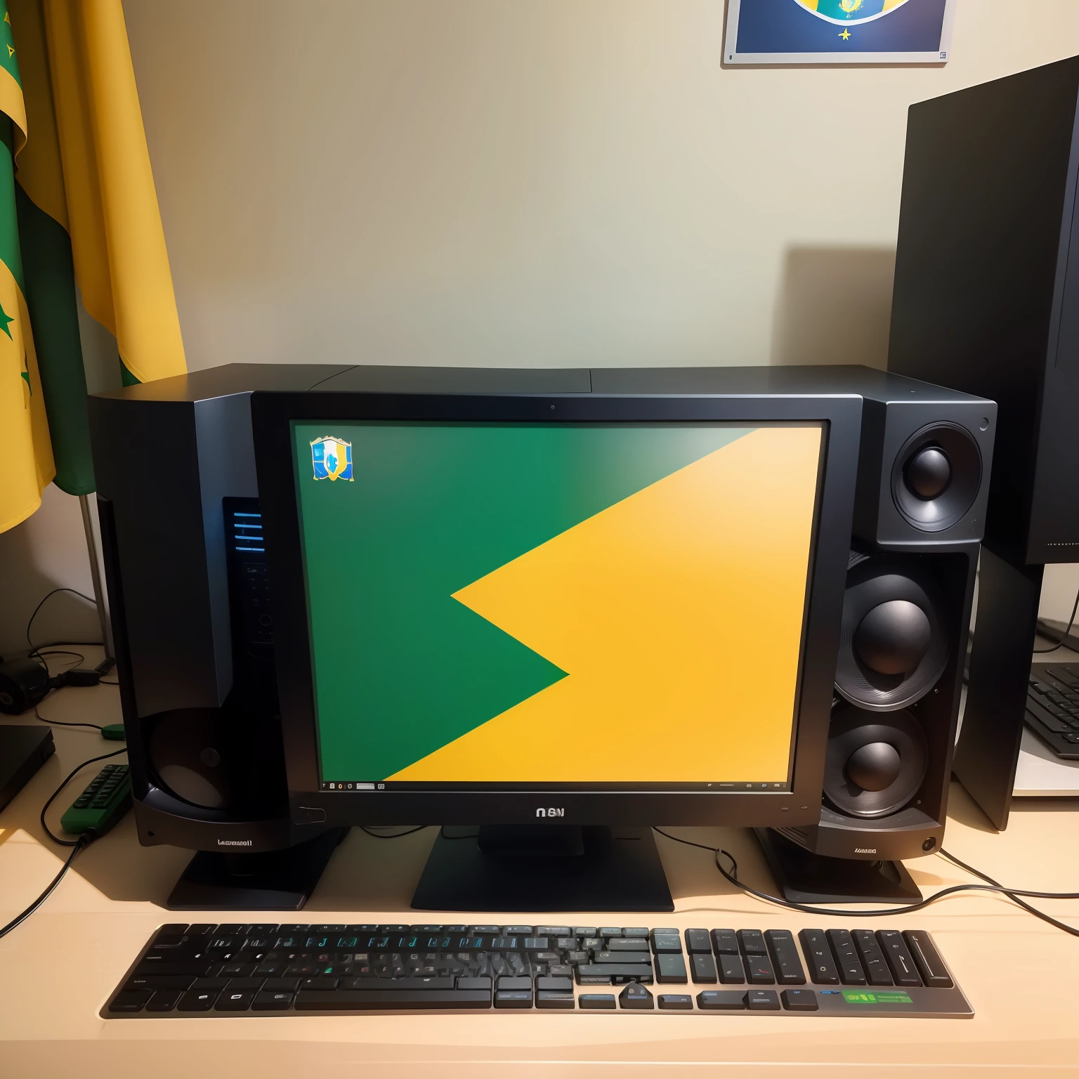 a computer with the brazilian flag behind it