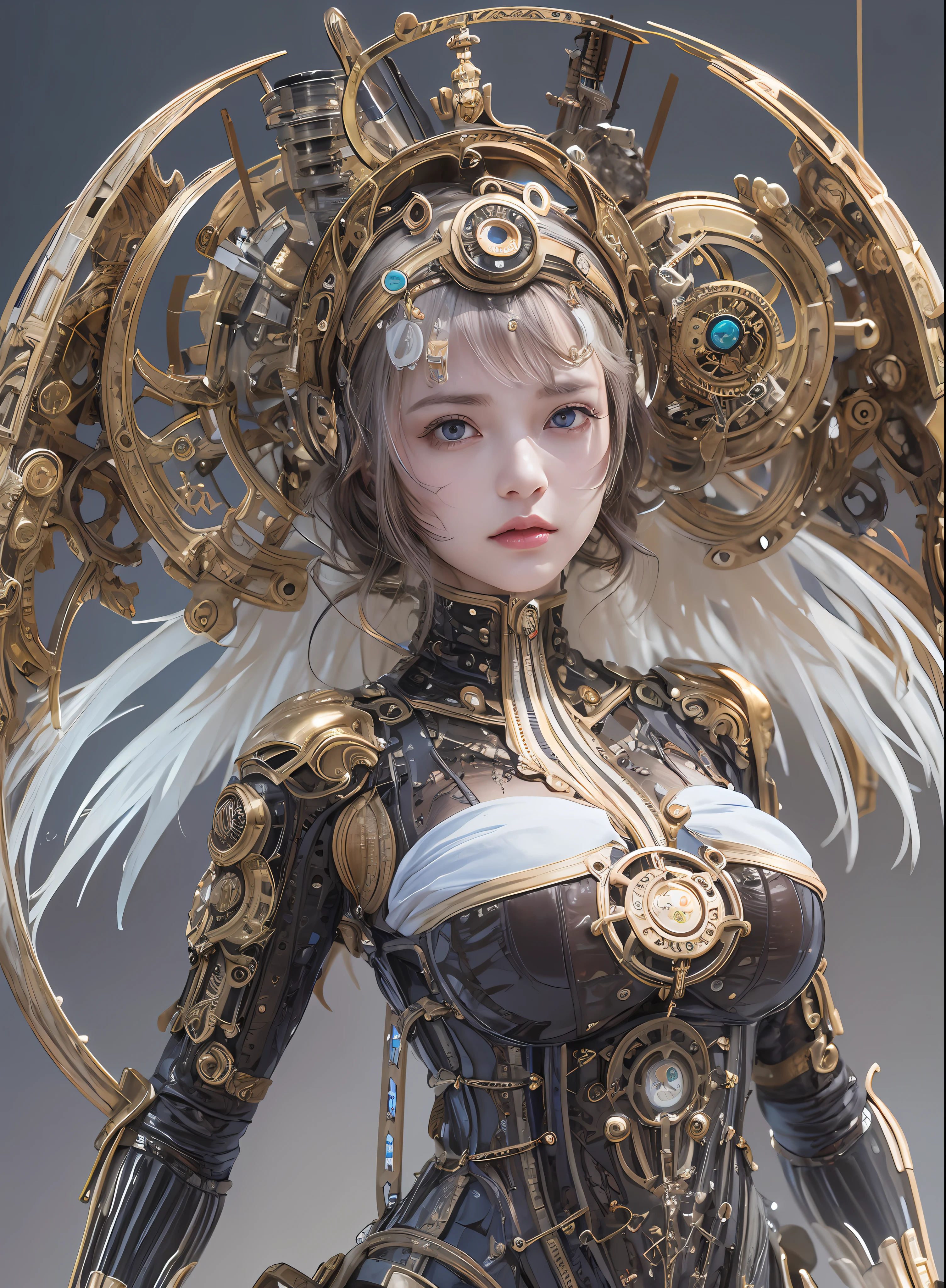 top-quality、​masterpiece、超A high resolution、(Photorealsitic:1.4)、Raw photo、女の子1人、a blond、glowy skin、1. Steampunk Angel Cyborg、large metal wings、((super realistic details))、portlate、globalillumination、Shadow、octan render、8K、ultrasharp、Colossal tits、Raw skin is exposed in cleavage、metals、Details of complex ornaments、Steampunk details、Hydraulic cylinder、highly intricate detail、Realistic light、CGSoation Trends、a purple eye、radiant eyes、Facing the camera、neon details、Mechanical limbs、blood vessels connected to tubes、Mechanical vertebrae attached to the back、mechanical cervical attaching to neck、cowboy  shot、Wires and cables connecting to the head、Sumerian details、Small LED lamp、