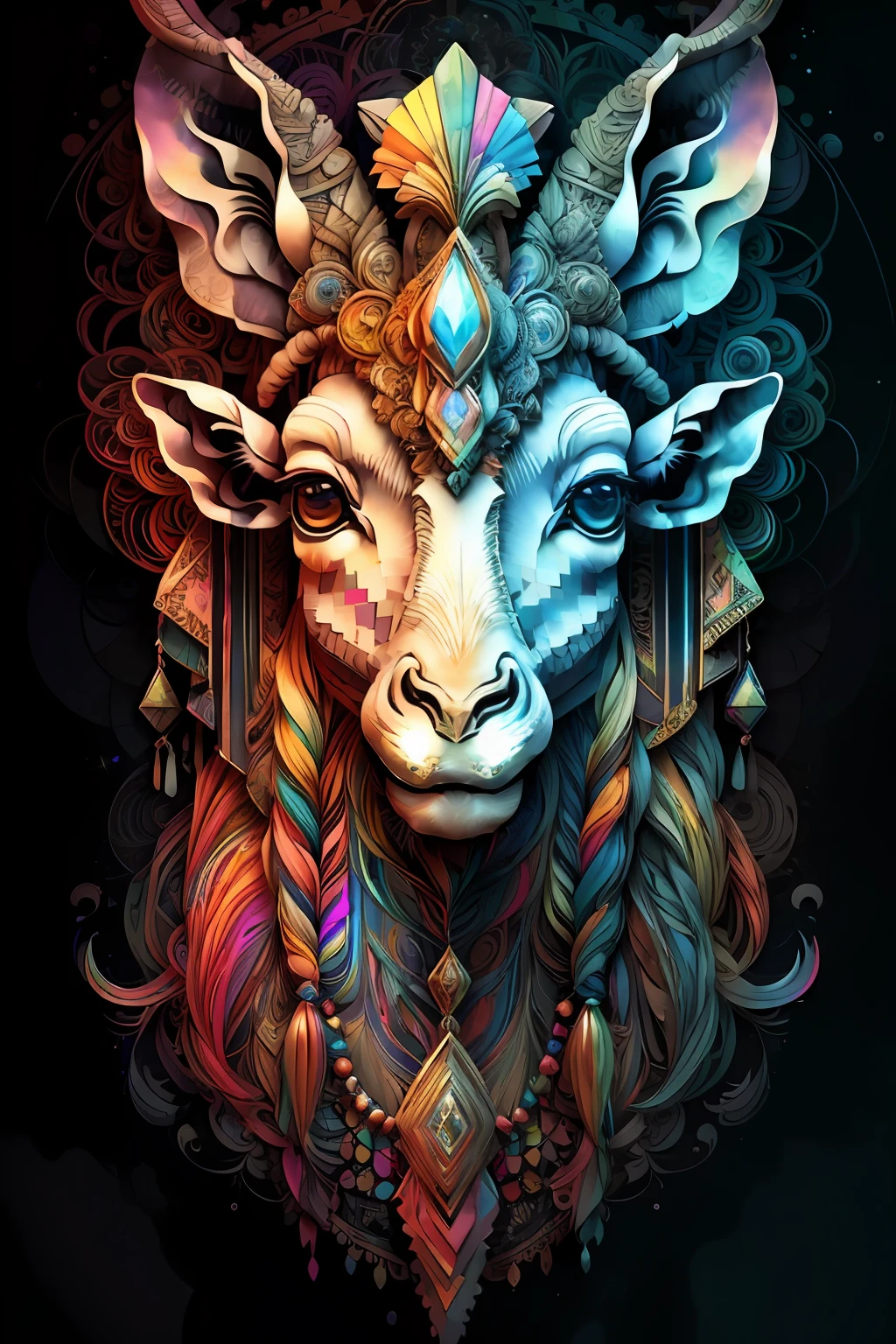 dans le style de 0mib, une jeune antilope, serious expression, Fragments prismatiques, Cercles fractaux, Des couleurs fracassantes, reflections, tourbillon, dramatic lighting, High quality, beau, Masterpiece