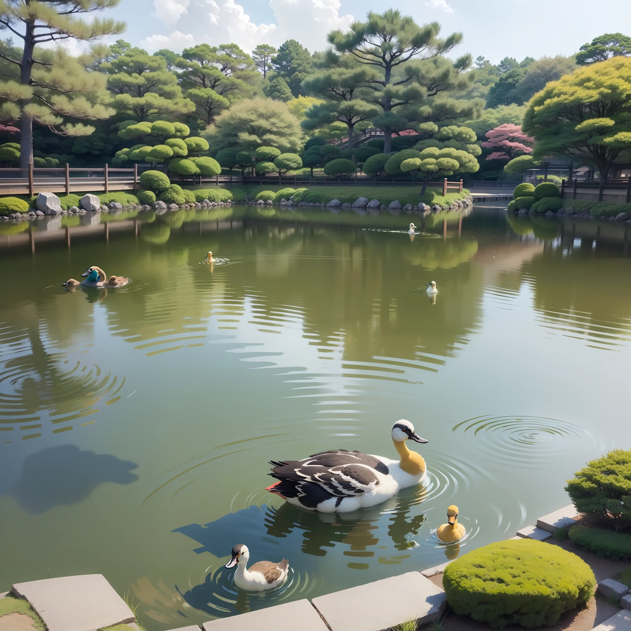 In the pond of Maruyama Park in Kyoto、Duck parent and child swimming together。The weather was fine、The season is early summer。
