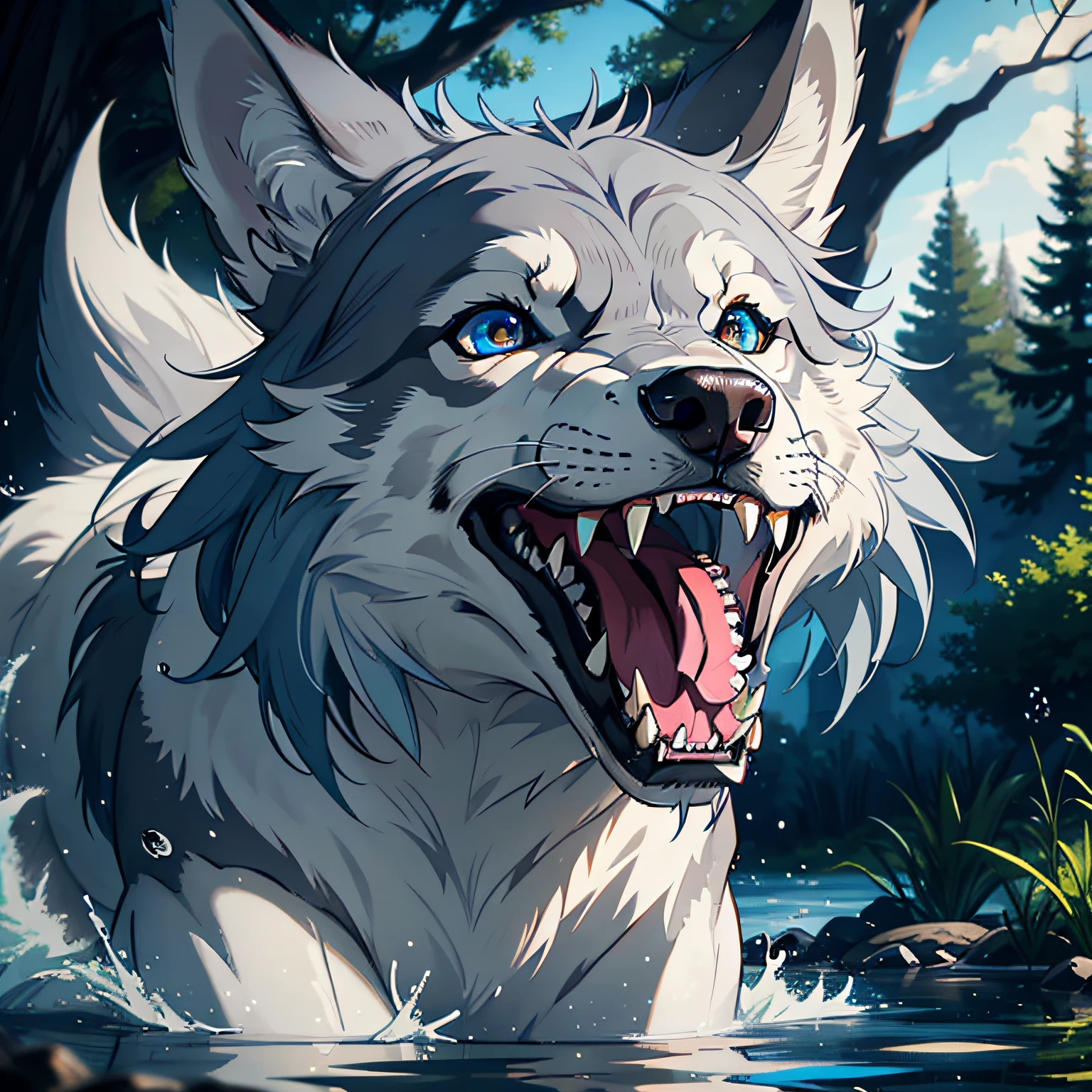 gray wolf，blue color eyes，Tooth，with her mouth open，Fang，mouth drool，Fierce，By the pond，delicated，tmasterpiece，A high resolution