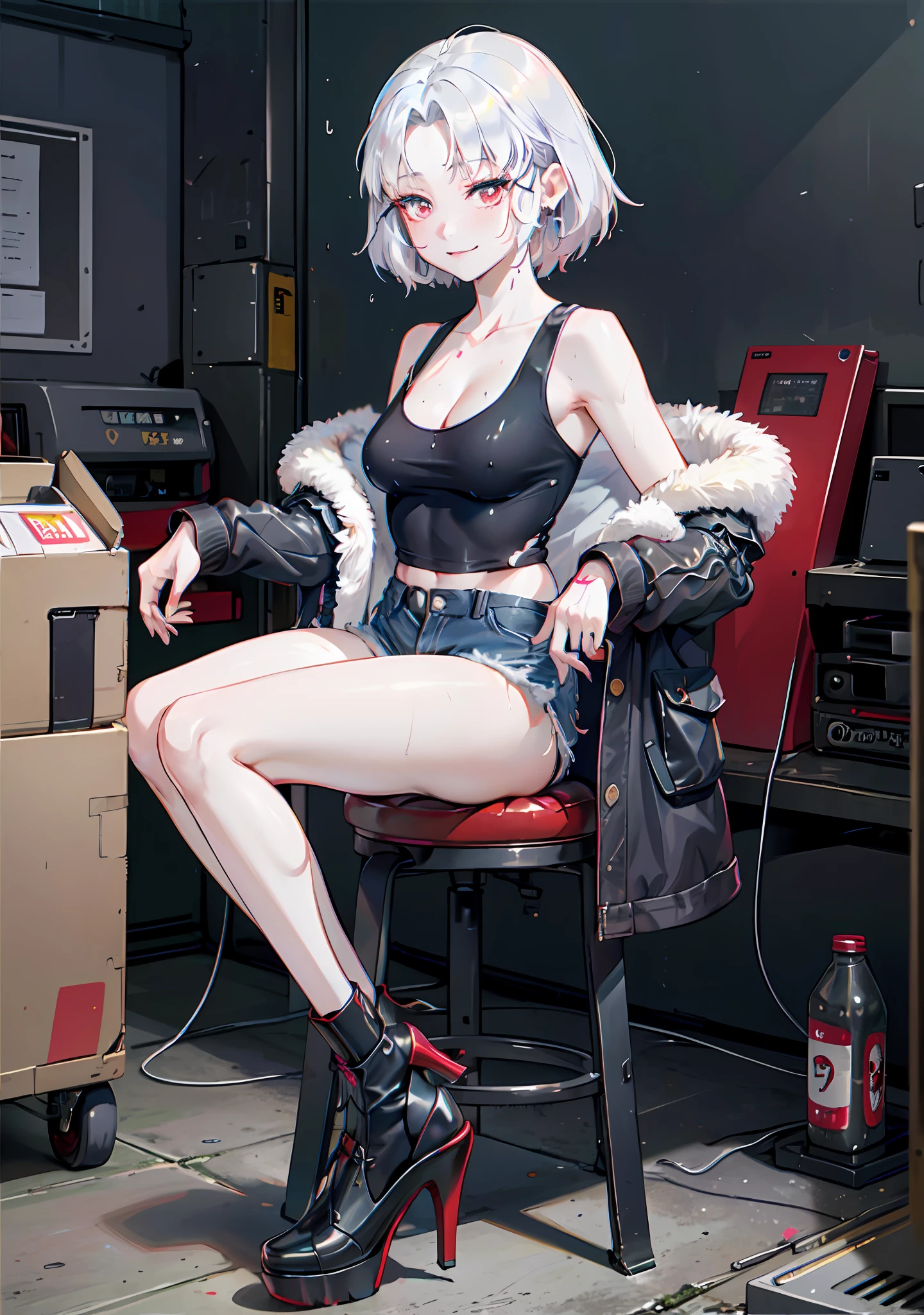 ((((masterpiece, best quality, high resolution)))), 1girl, white hair, red eyes, average breasts, blush, light smile, glow, thighs, bare shoulders, collarbone, narrow waist, cleavage, (beautiful detailed face, beautiful detailed eyes), (faux fur cropped coat, wet white tank top, see-through, ripped denim shorts, high heels), (harajuku fashion), Harajuku
