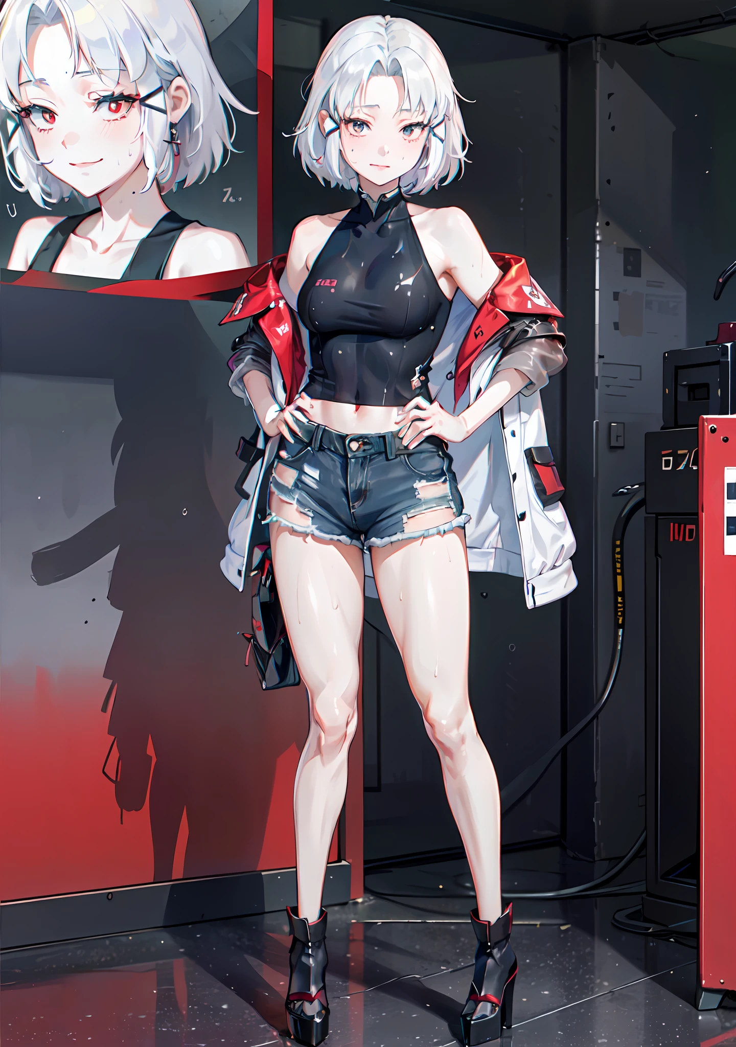 ((((masterpiece, best quality, high resolution)))), 1girl, white hair, red eyes, average breasts, blush, light smile, glow, thighs, bare shoulders, collarbone, narrow waist, cleavage, (beautiful detailed face, beautiful detailed eyes), (faux fur cropped coat, wet white tank top, see-through, ripped denim shorts, high heels), (harajuku fashion), Harajuku