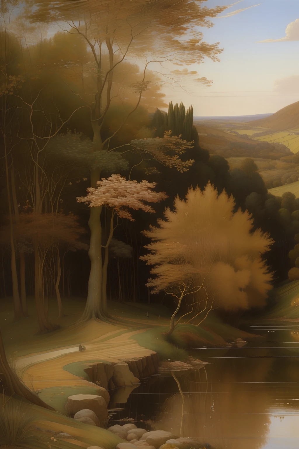 (((Pre-Raphaelite painting))) Hazelnut tree on the edge of a lake, um peixe salta, Hazelnuts, tons outonais, Encantado, aveleira