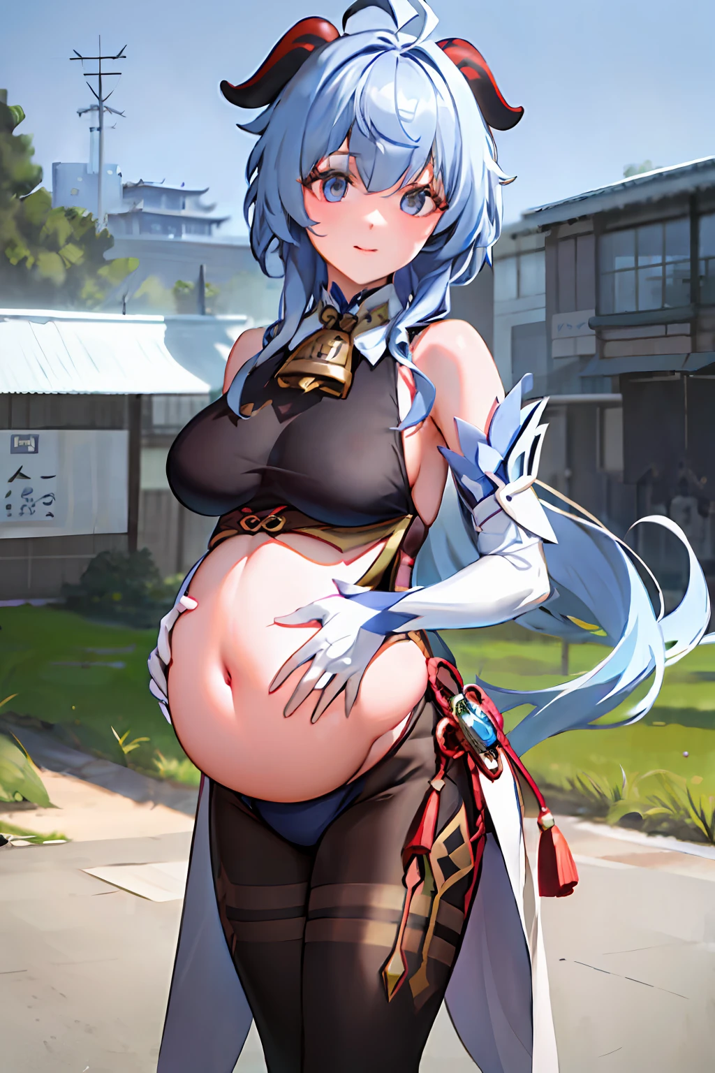 (photorealistic:1.4), (masterpiece, sidelighting, finely detailed beautiful eyes: 1.2), masterpiece*portrait, realistic, 3d face, ganyu \(genshin impact\), 1girl, ahoge, architecture, By bangs,Bare shoulders,Bell,black glove,Black tights,(blue hair),Blushlush,Beautiful breasts,Chinese knot,the sleeve,flower knot,mitts,cow horn,long whitr hair,Look at the audience,middlebreast,Neckbells,pregnant belly,Pregnant belly