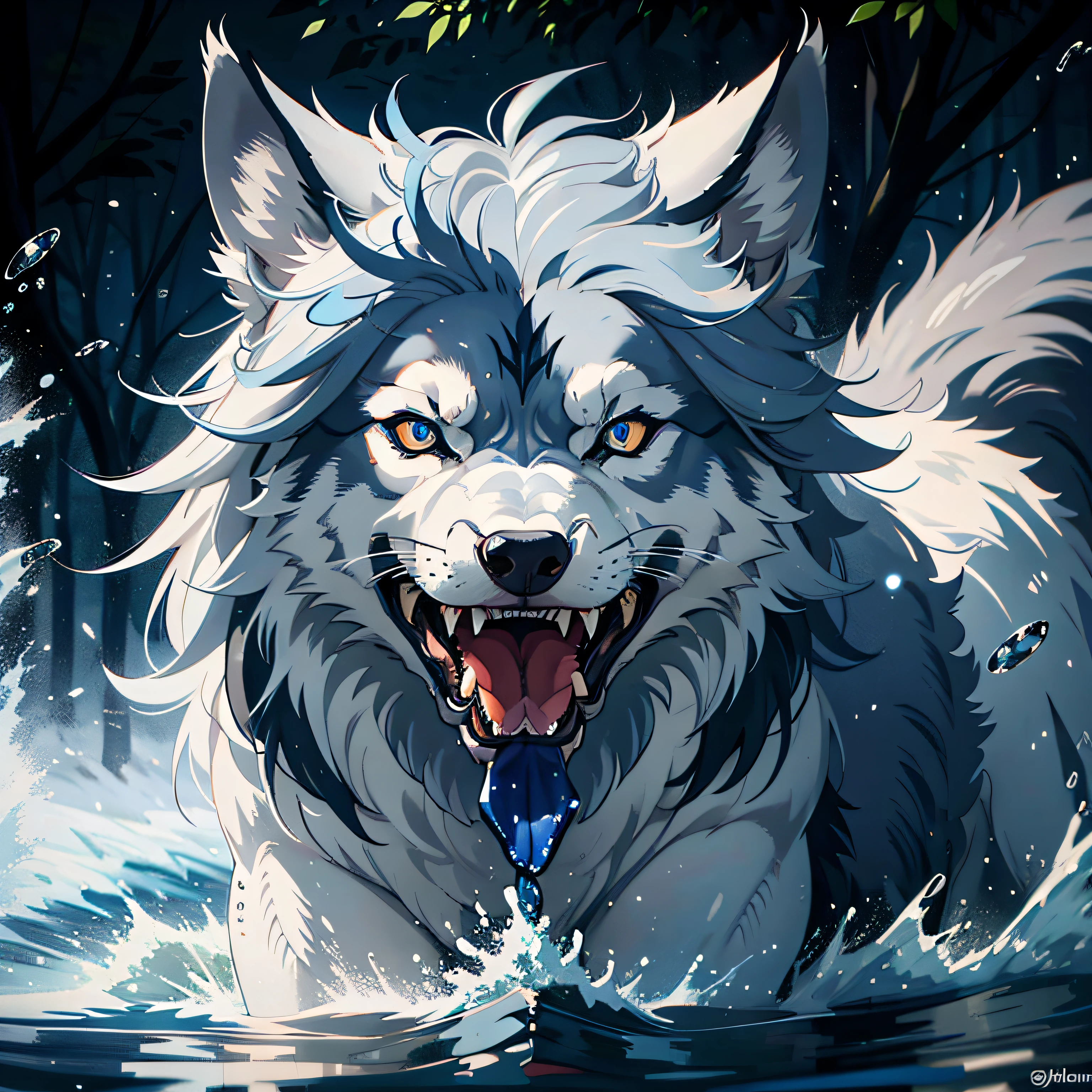 gray wolf,blue color eyes,Tooth,with her mouth open,Fang,mouth drool,Fierce,By the pond,delicated,tmasterpiece,A high resolution
