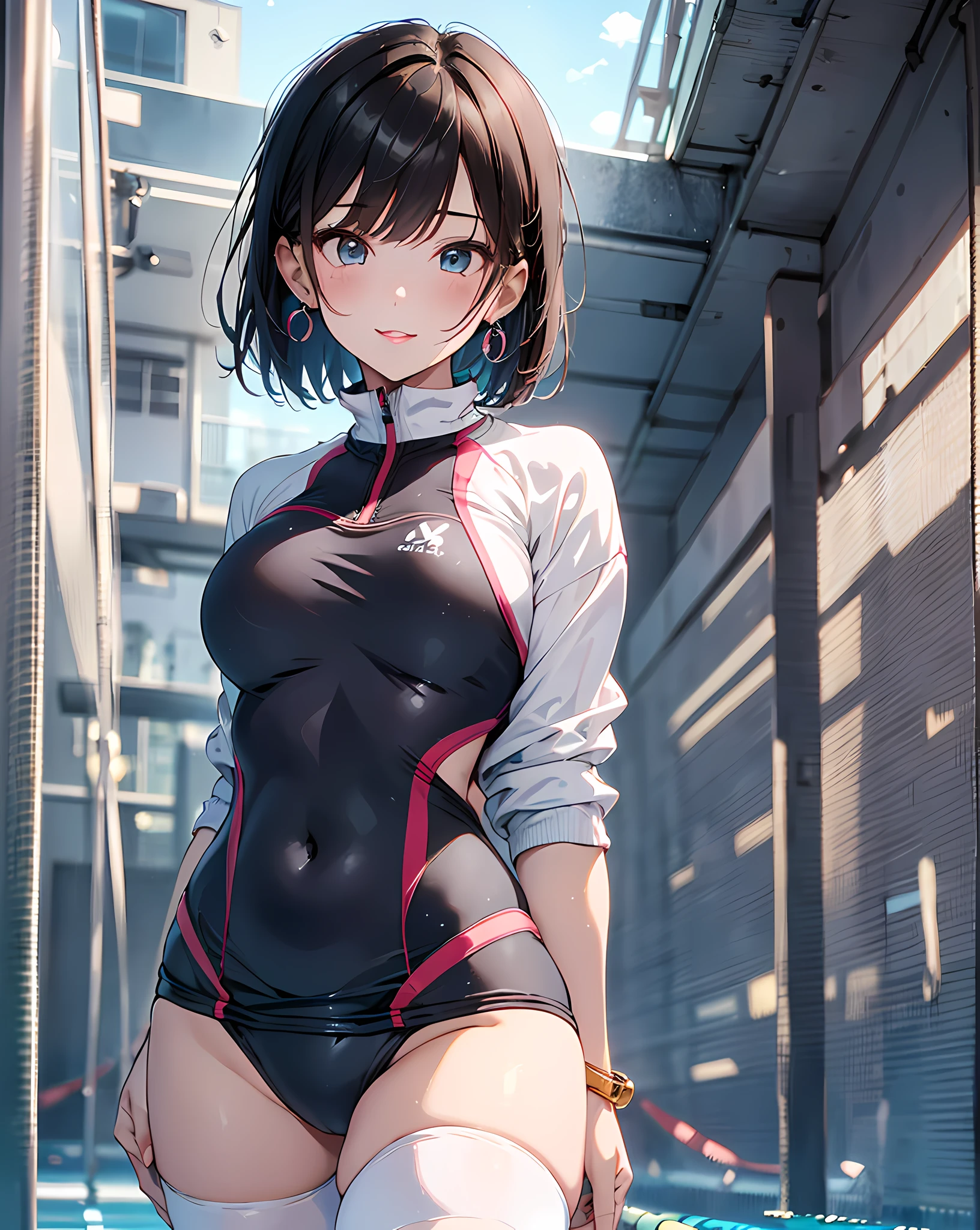 (masterpiece, best quality:1.37), highres, ultra-detailed, ultra-sharp, BREAK, Korean school idol, (((1girl:1.37, solo))), (beautiful anime face, cute face, detailed face), (black hair, thin hair, short hair, bangs, hime-cut), detailed beautiful cyan eyes, BREAK, ((red short tracksuit, Parted clothes at the top and bottom:1.5, (wear tracksuit top over school swimsuit:1.2), (tracksuit covers the bosom of the swimsuit:1.1), (blue one-piece swimsuit:0.8), (white thighhighs:1.2), loafers,)), BREAK, lovely look, water melon earing, detailed clothes), light smile, closed mouth, parted lips, pink lipstick, BREAK, ((standing, arms behind back,:1.3, cowboy shot)), detailed human hands, HDTV:1.2, ((detailed competition pool view background:1.3)), 8 life size, slender, anime style, anime style school girl, perfect anatomy, perfect proportion, inspiration from Kyoto animation and A-1 picture, late evening, excellent lighting, bright colors, clean lines, photorealistic