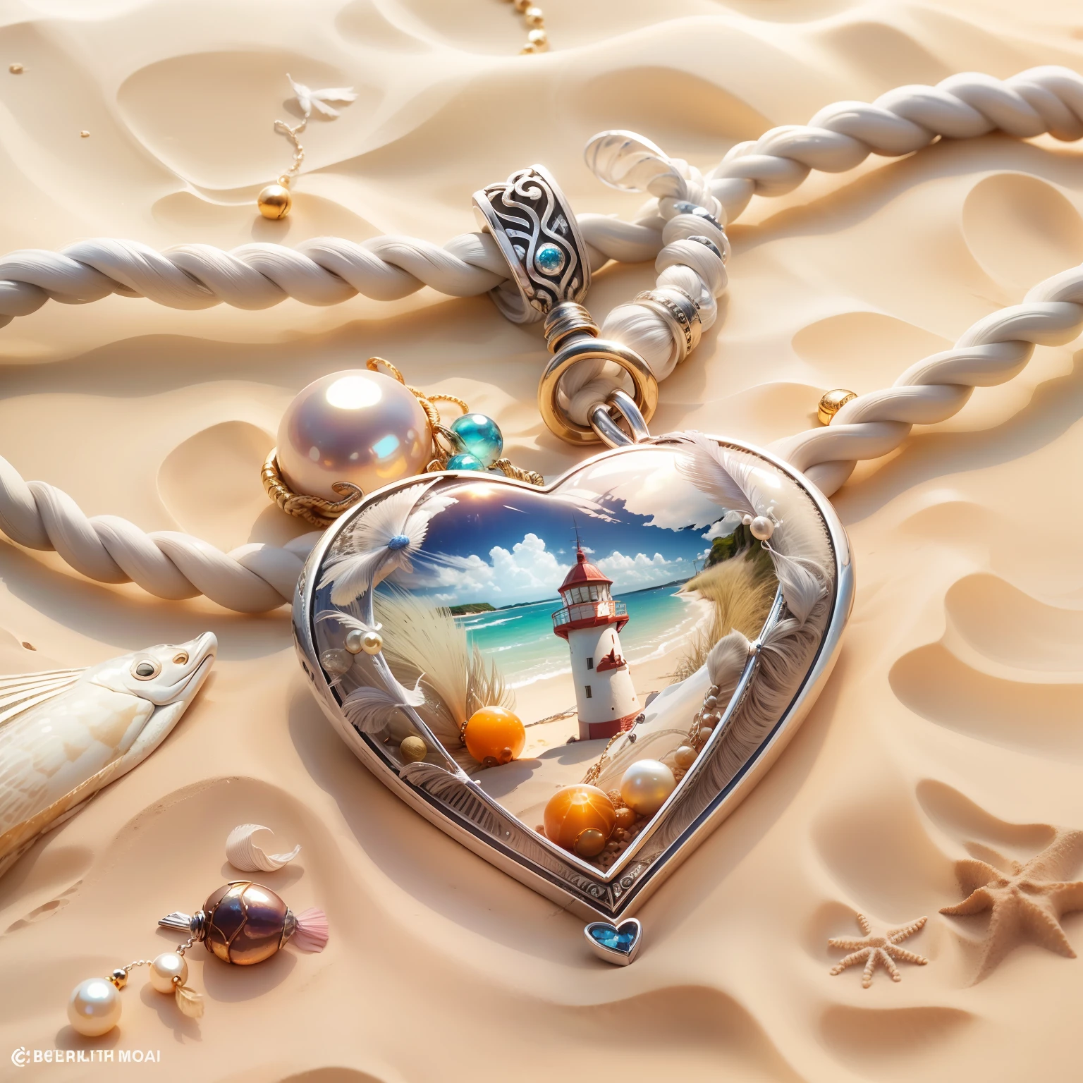 super realistic photo of a lovely jewelry silver pendant on a cord with a marine theme and ethnic close-up lying in the sand, sunset on the Baltic coast, summer, breeze, cirrus clouds, light sand, grass, lighthouse, happiness, some touches of golden sweat, feather, heart, jellyfish, seahorse, fish, bead, pearl, amber