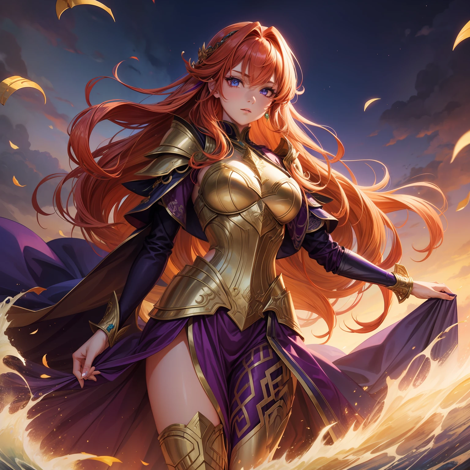 "female character with captivating emerald eyes and subtle touches of purple, clad in elegant Crimson plate armor embellished with Gold accents, accompanied by a graceful purple cloak and cascading waves of ginger hair."