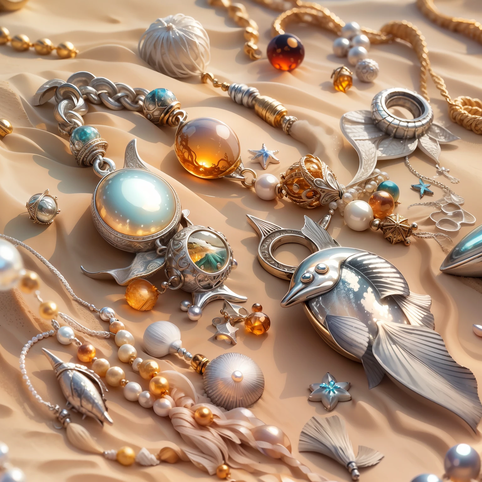 super realistic photo of a lovely jewelry silver pendant on a cord with a marine theme and ethnic close-up lying in the sand, sunset on the Baltic coast, summer, breeze, cirrus clouds, light sand, grass, lighthouse, happiness, some touches of golden sweat, feather, heart, jellyfish, seahorse, fish, bead, pearl, amber