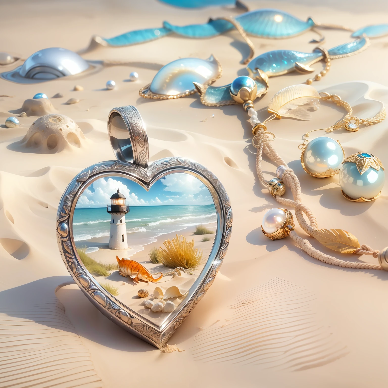 super realistic photo of a lovely jewelry silver pendant on a cord with a marine theme and ethnic close-up lying in the sand, sunset on the Baltic coast, summer, breeze, cirrus clouds, light sand, grass, lighthouse, happiness, some touches of golden sweat, feather, heart, jellyfish, seahorse, fish, bead, pearl, amber