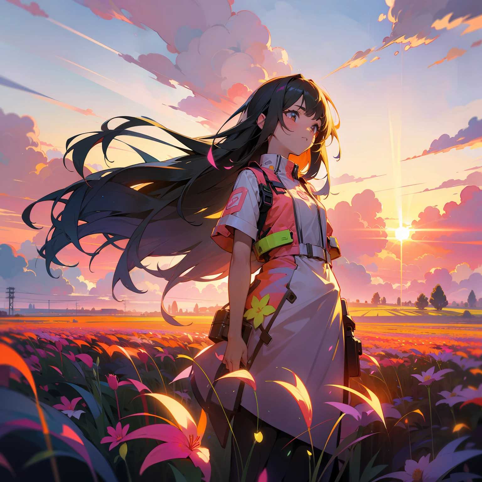 girl standing in field of neon flowers, detailed face, mid shot, clouds, sunrise