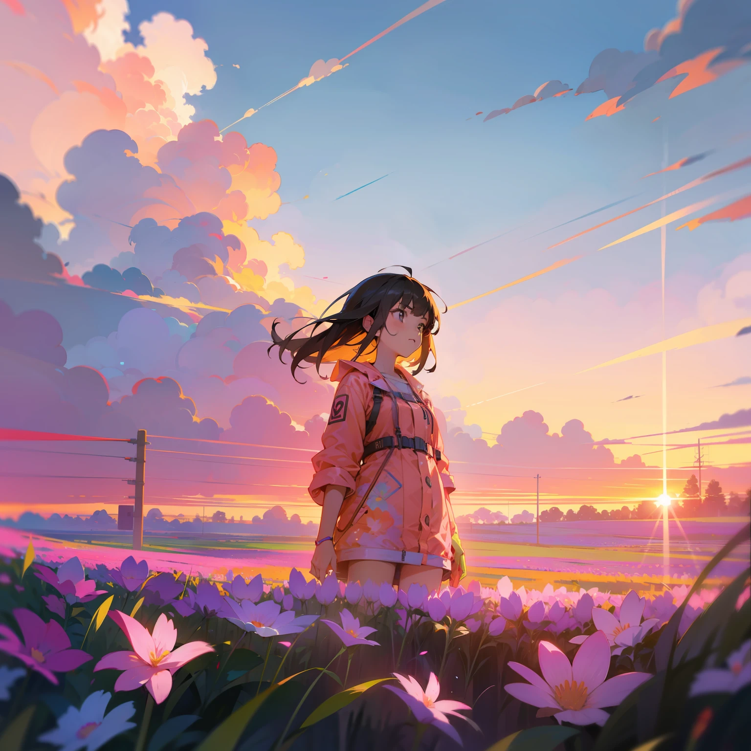 girl standing in field of neon flowers, detailed face, mid shot, clouds, sunrise