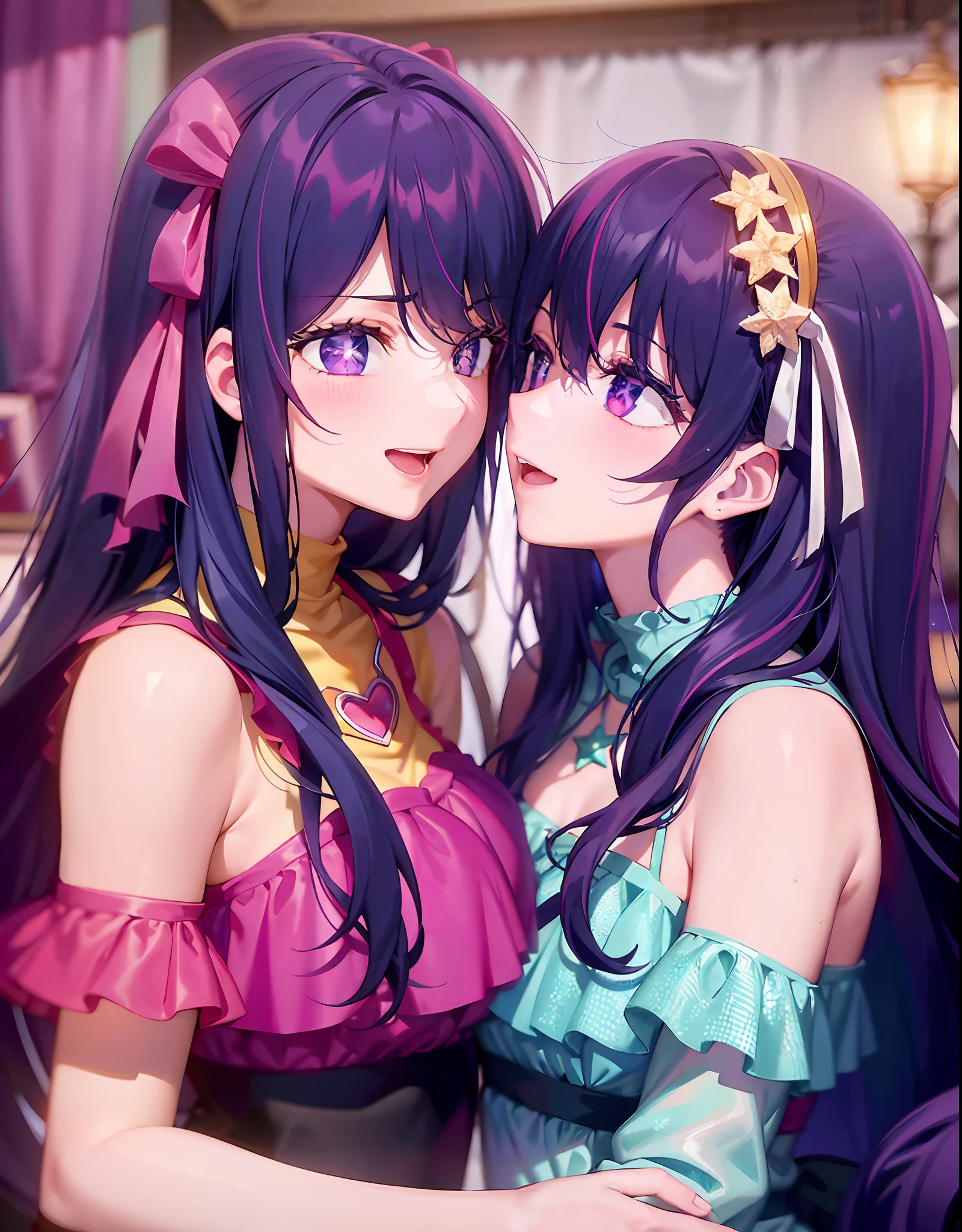 （（2 girls））（（There is a five-pointed star in the eye））Gorgeous Hair in Long Purple，Smile，Open mouth，kisses，Kiss，stage，lamplight